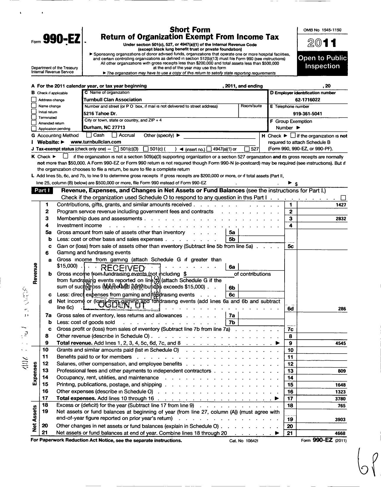 Image of first page of 2011 Form 990EO for Turnbull Clan Association