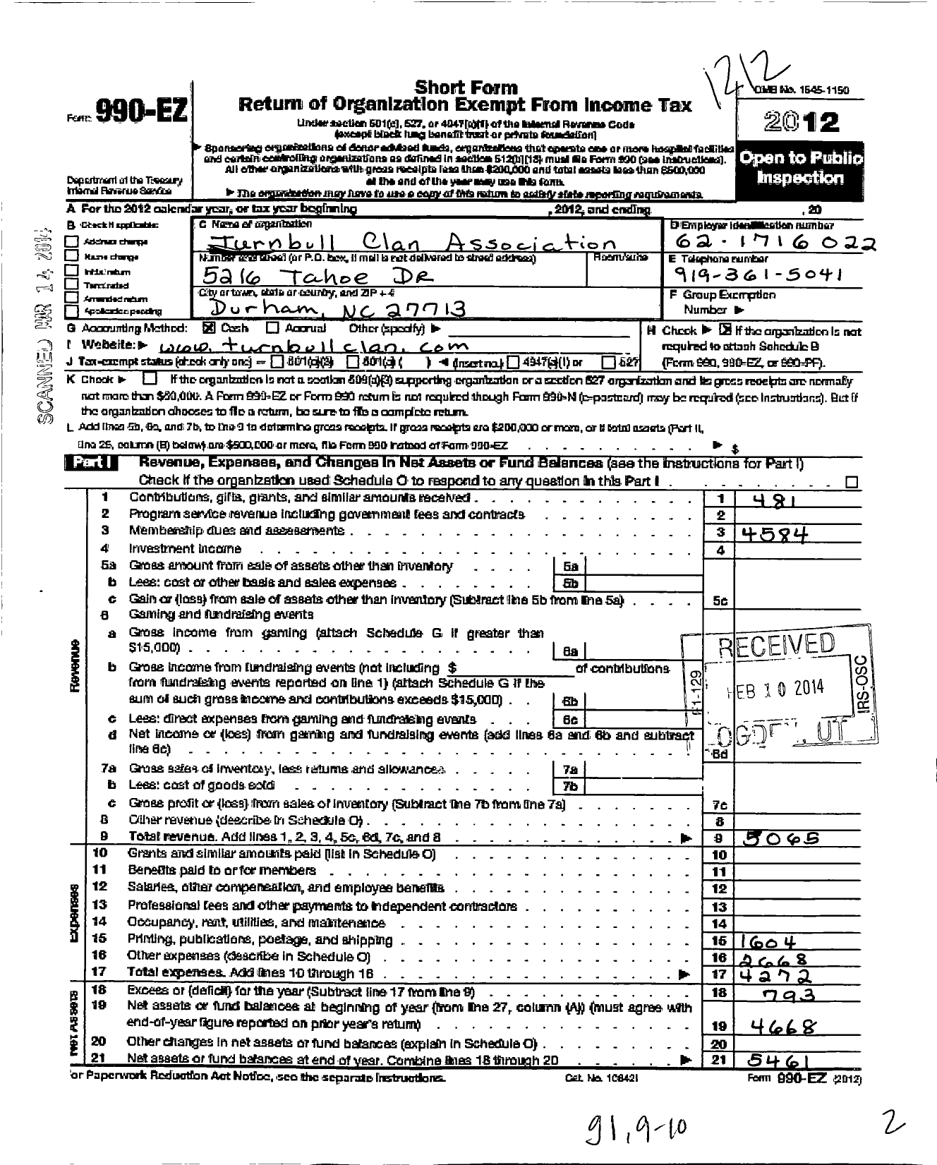 Image of first page of 2012 Form 990EO for Turnbull Clan Association