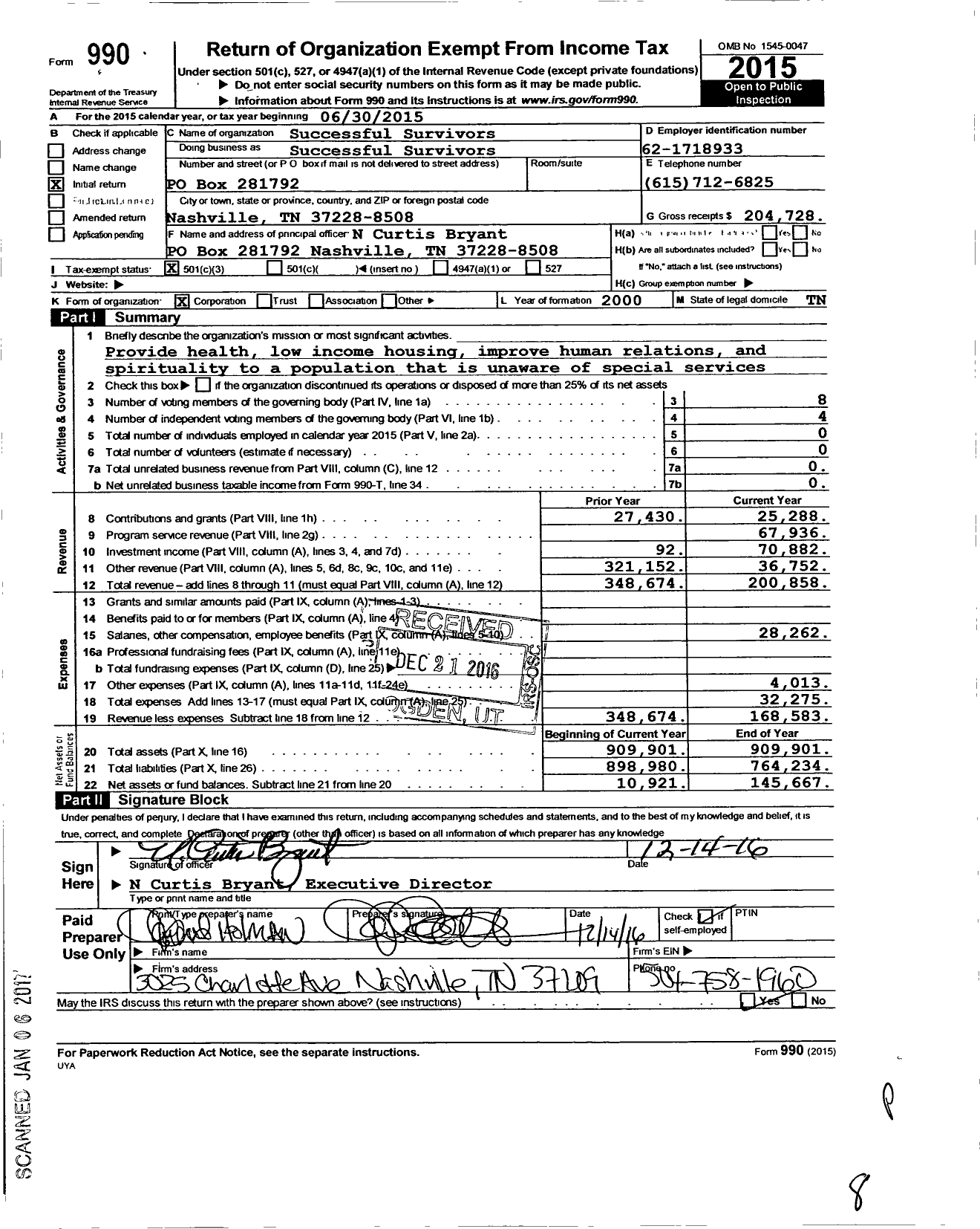 Image of first page of 2015 Form 990 for Successful Survivors