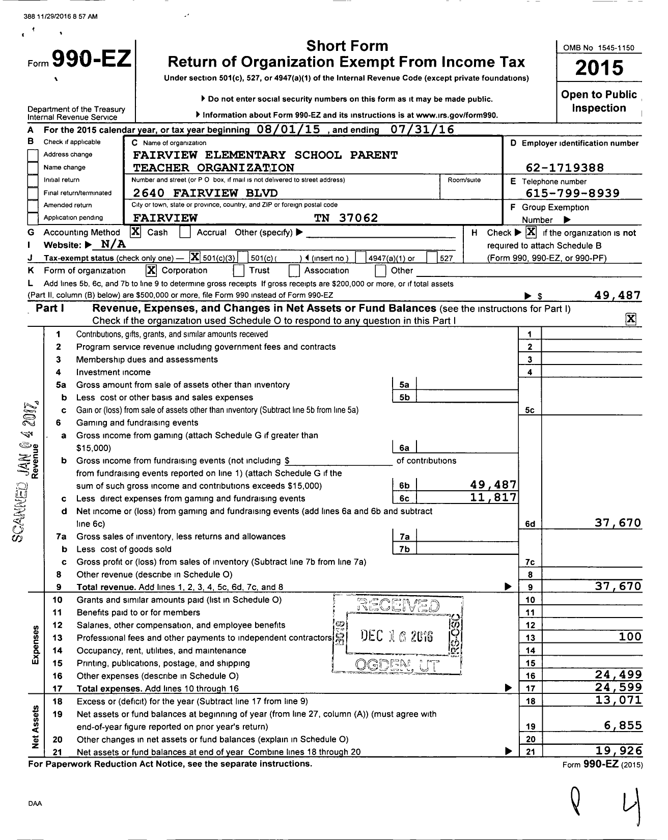 Image of first page of 2015 Form 990EZ for Fairview Elementary School Parent Teacher Organization