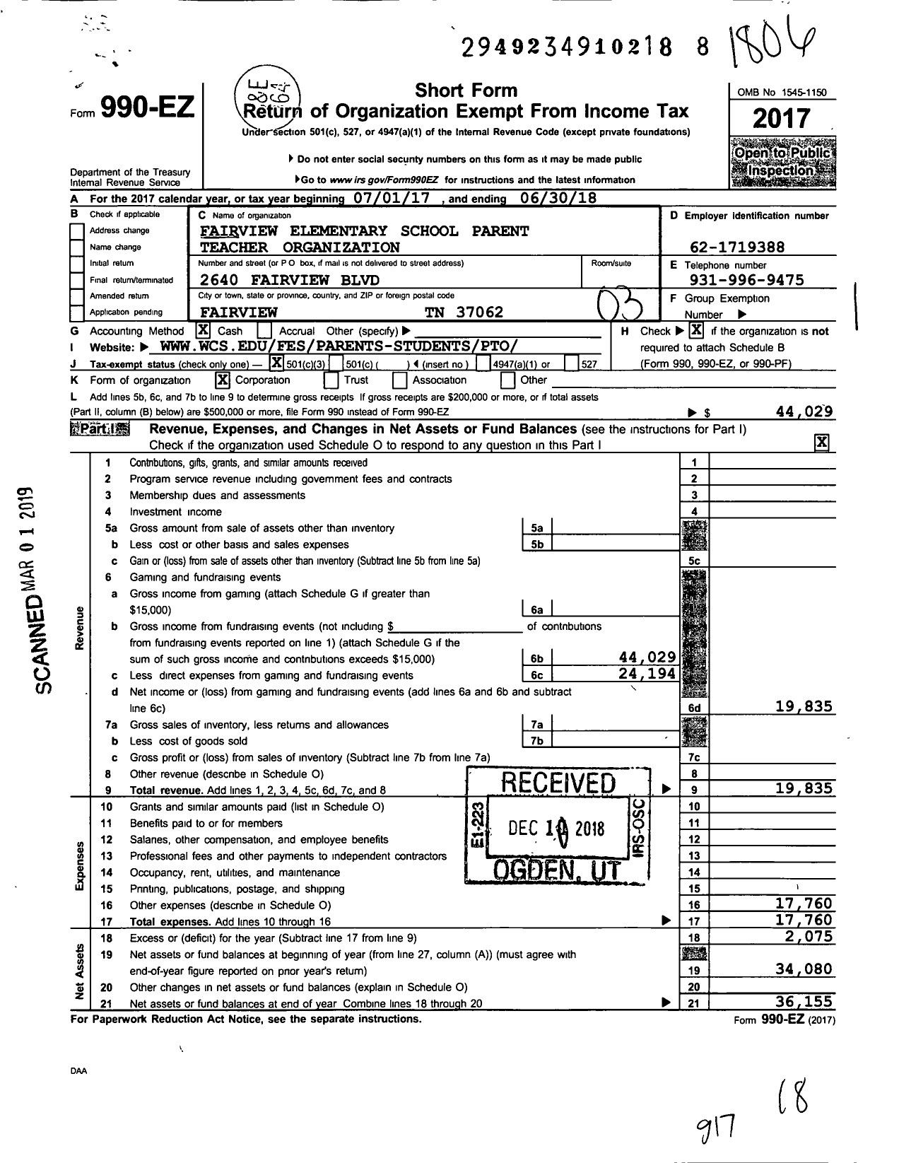 Image of first page of 2017 Form 990EZ for Fairview Elementary School Parent Teacher Organization