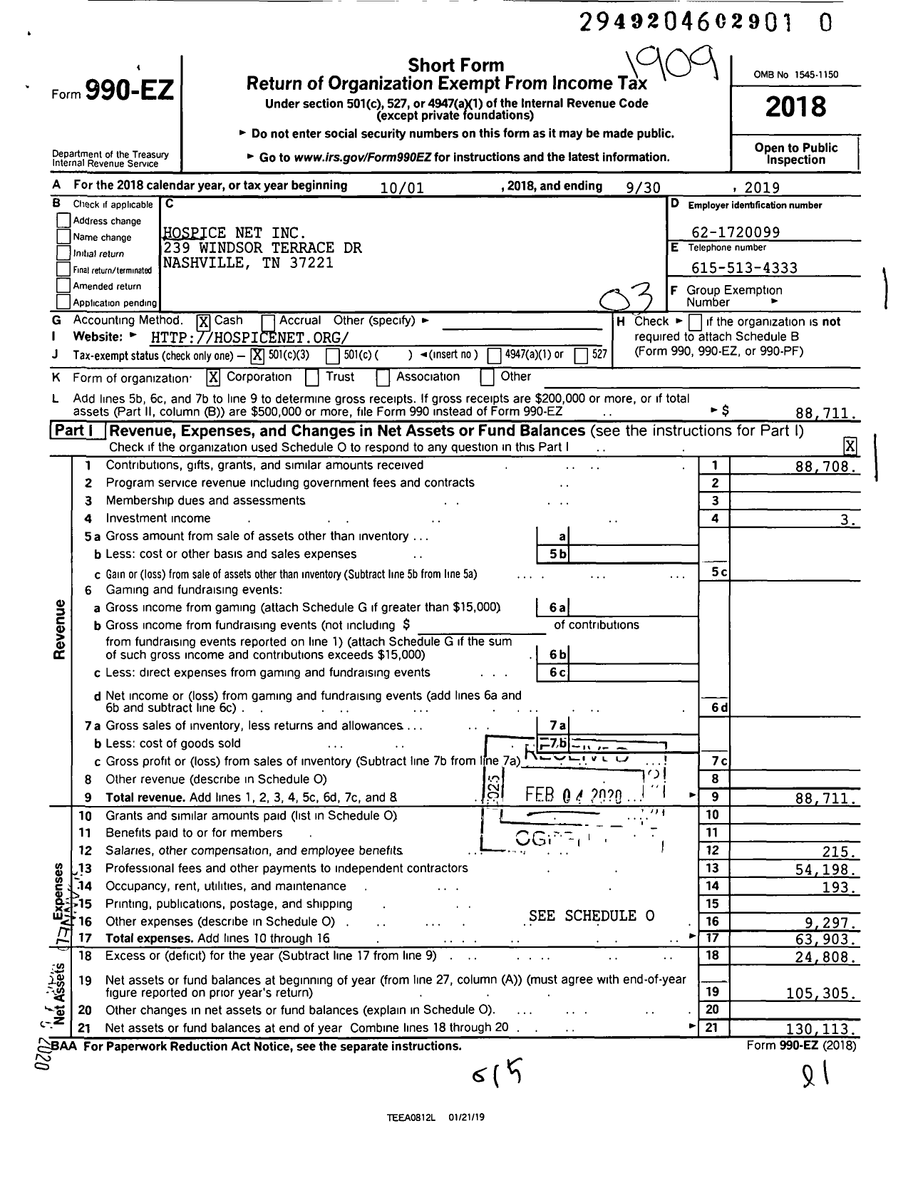Image of first page of 2018 Form 990EZ for Hospice Net