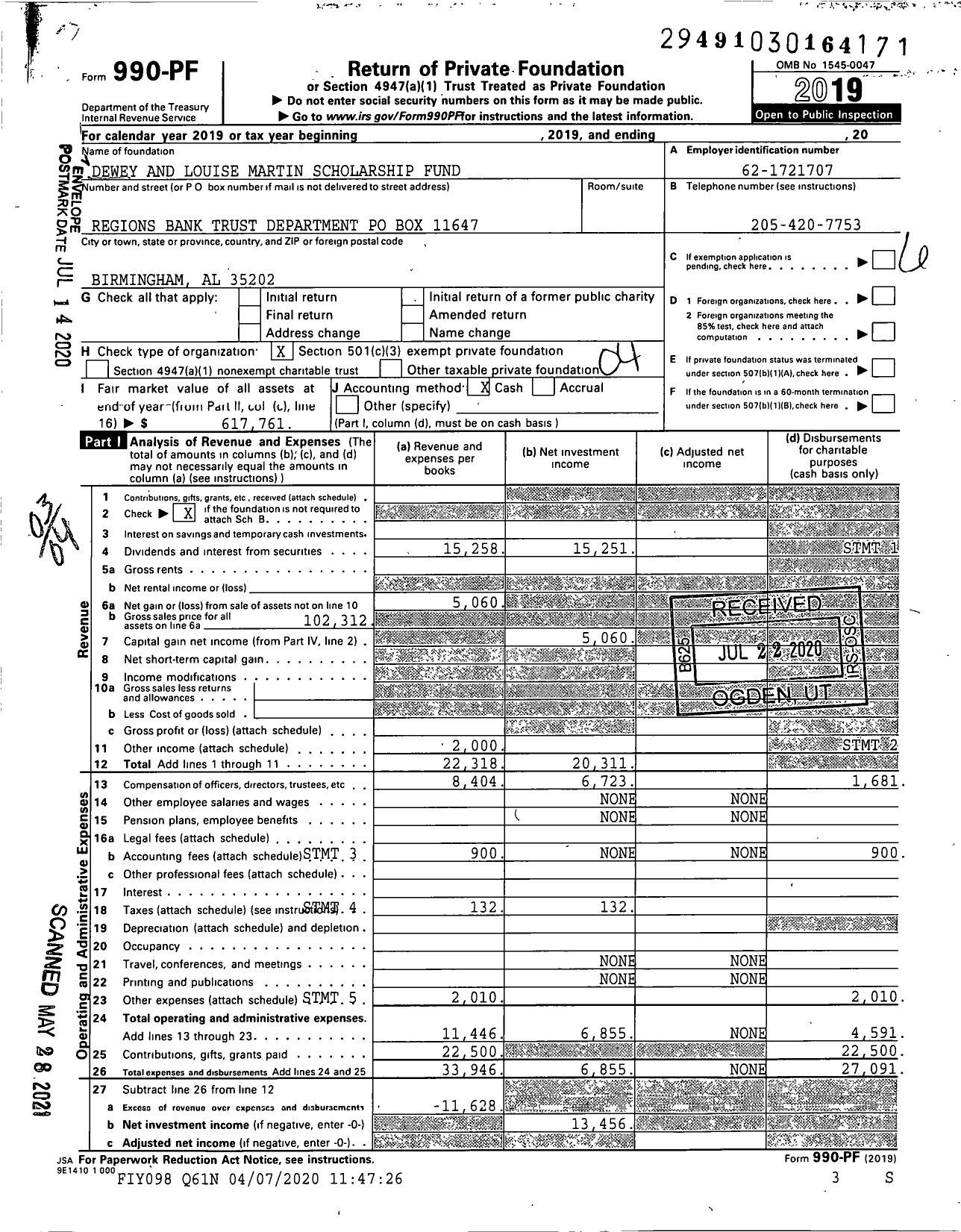 Image of first page of 2019 Form 990PF for Dewey and Louise Martin Scholarship Fund