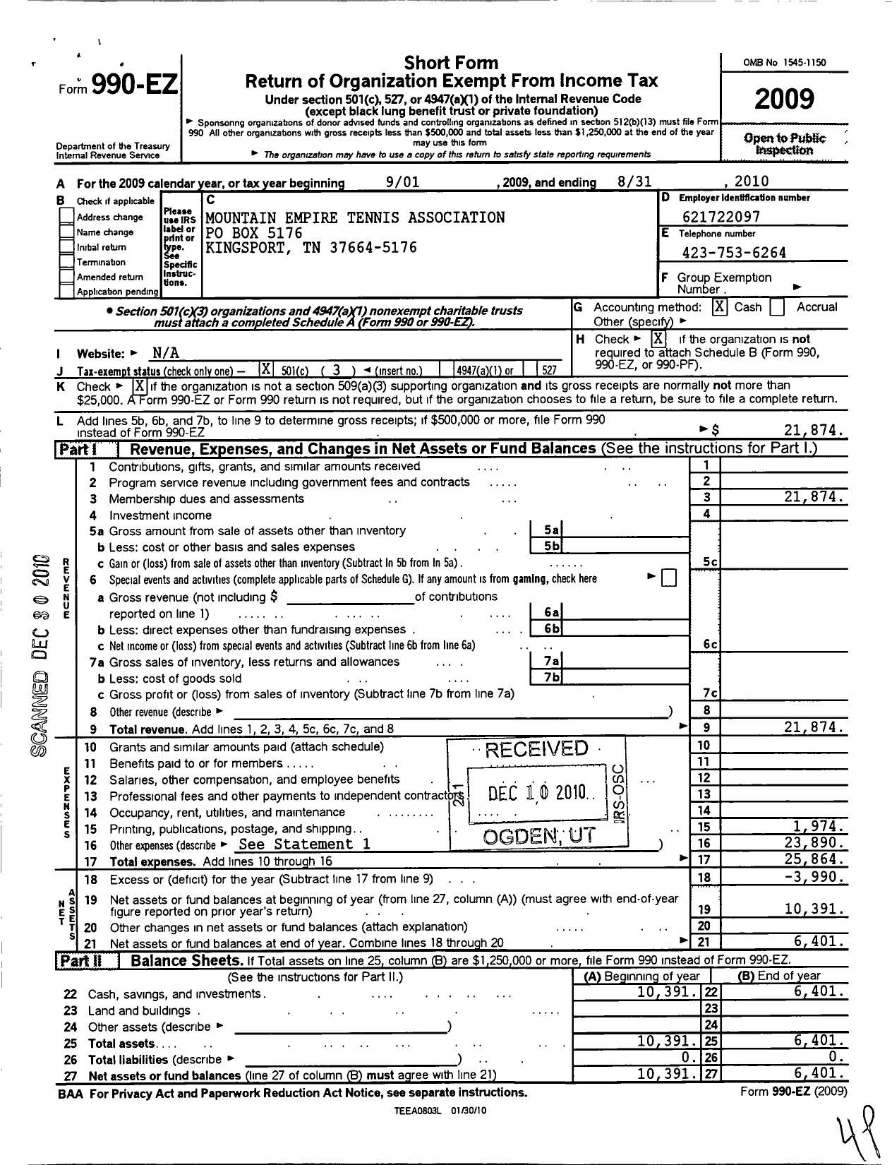 Image of first page of 2009 Form 990EZ for Mountain Empire Tennis Association (META)