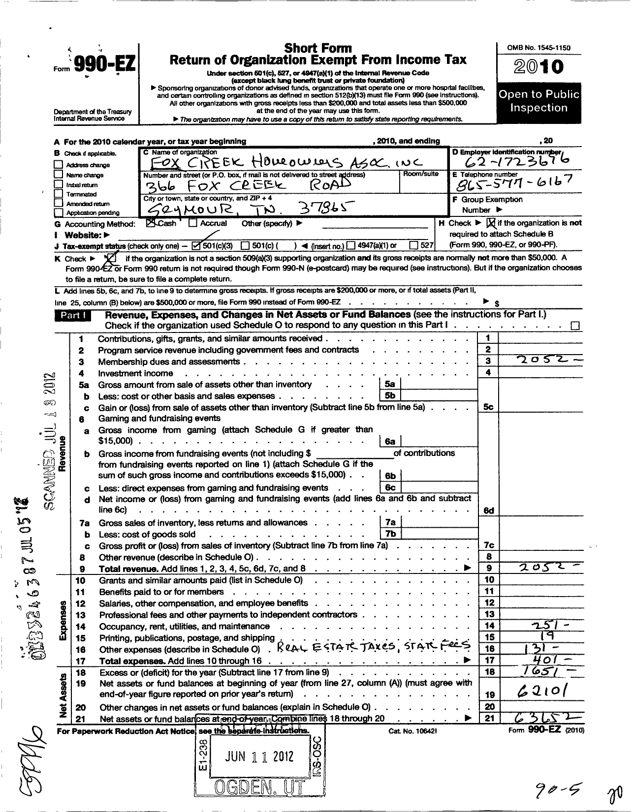 Image of first page of 2010 Form 990EZ for Foxcreek Homeowners Association