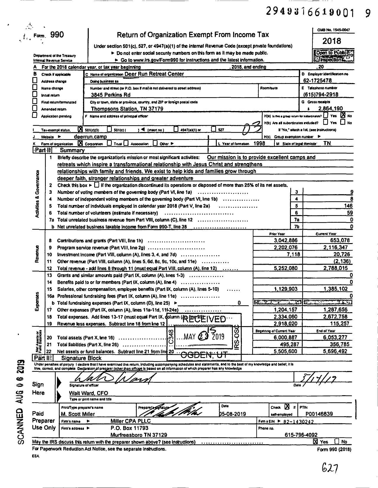 Image of first page of 2018 Form 990 for Deer Run