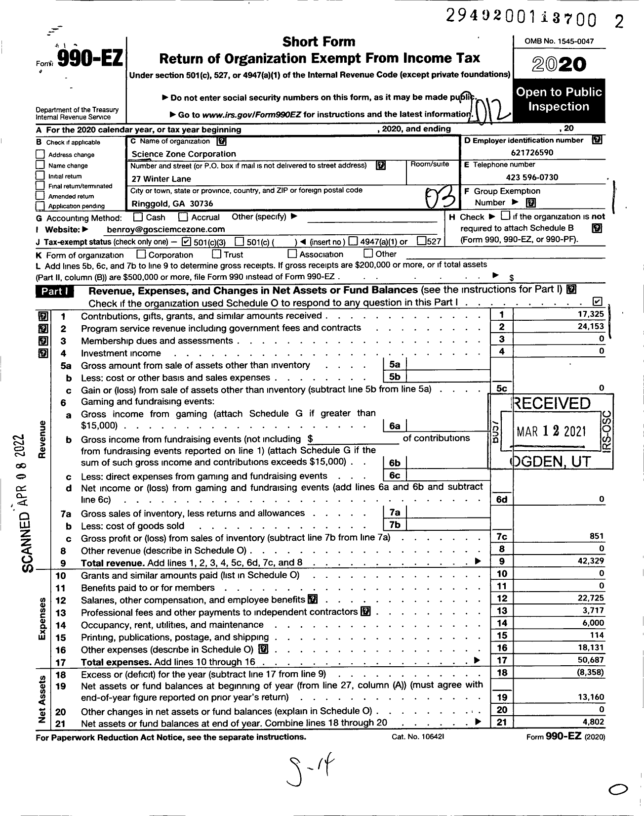 Image of first page of 2020 Form 990EZ for Science Zone Corporation