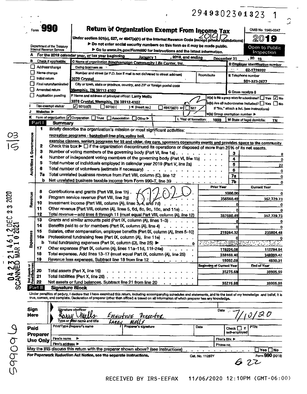 Image of first page of 2019 Form 990 for Binghampton COMMUNITY CHRISTIAN LIFE Center