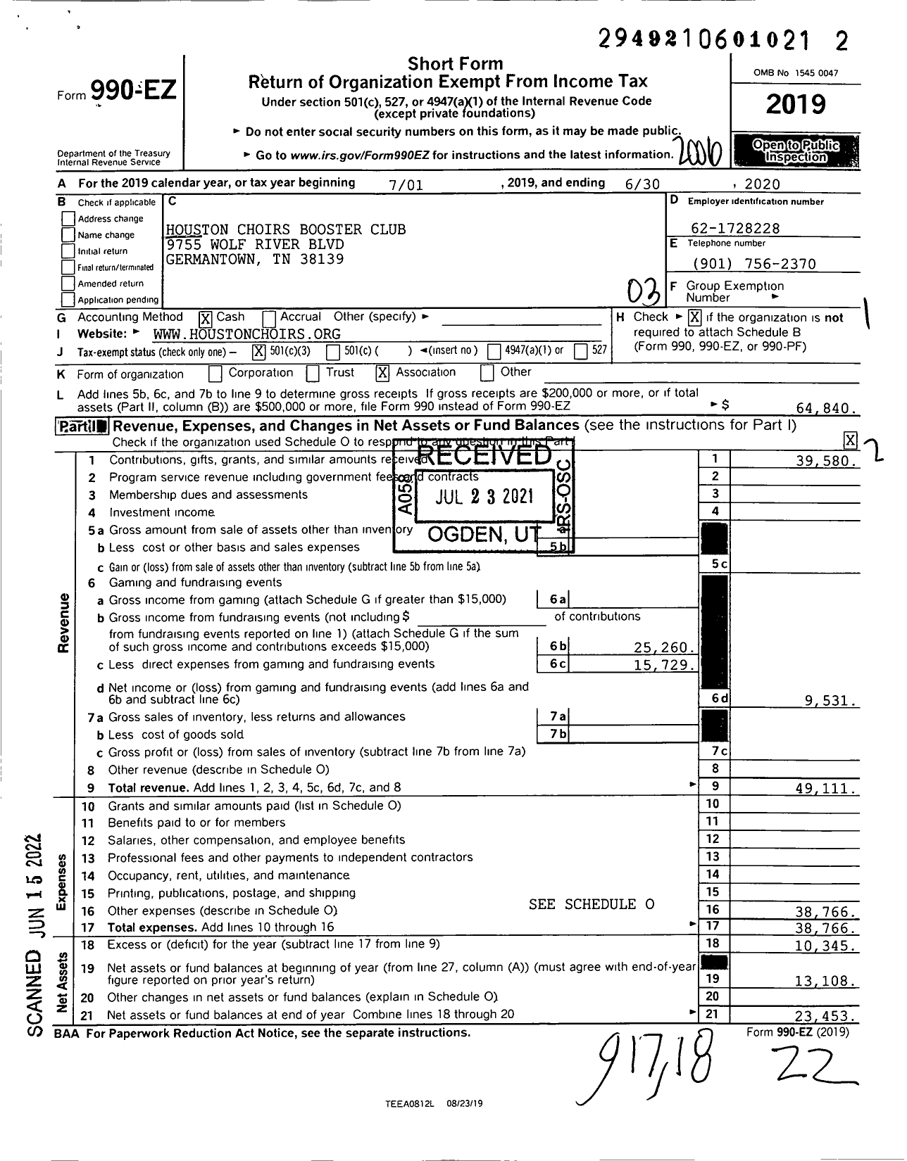 Image of first page of 2019 Form 990EZ for Houston Choirs Booster Club