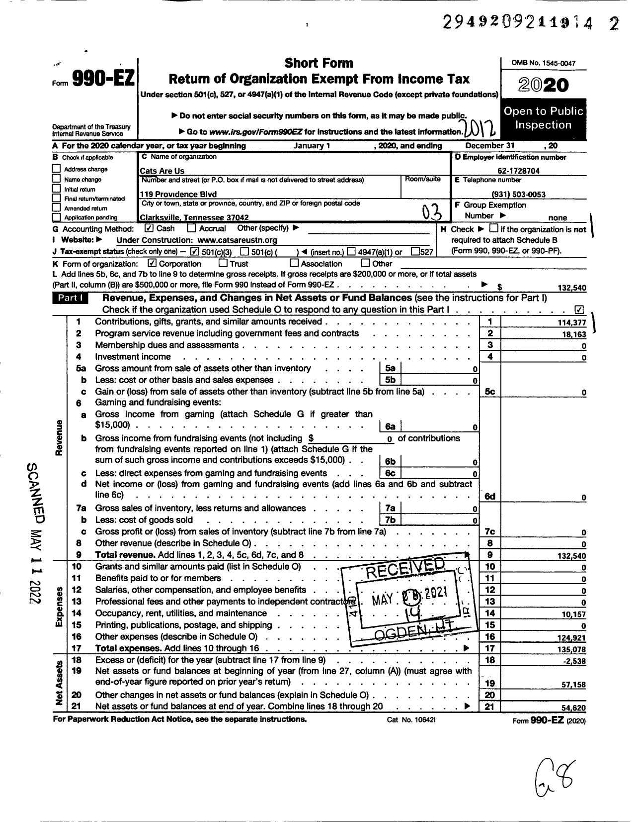 Image of first page of 2020 Form 990EZ for Cats Are Us