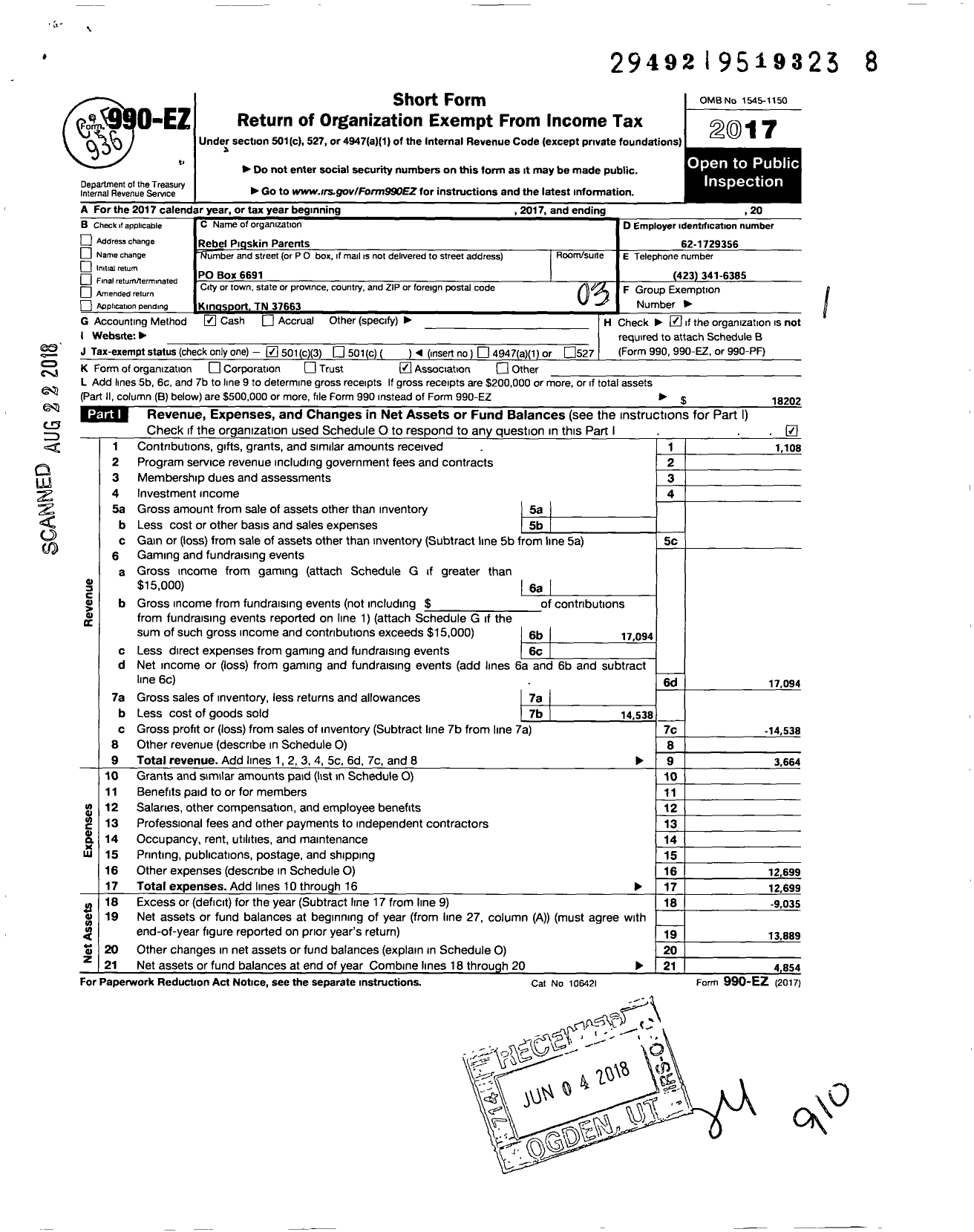 Image of first page of 2017 Form 990EZ for Rebel Pigskin Parents