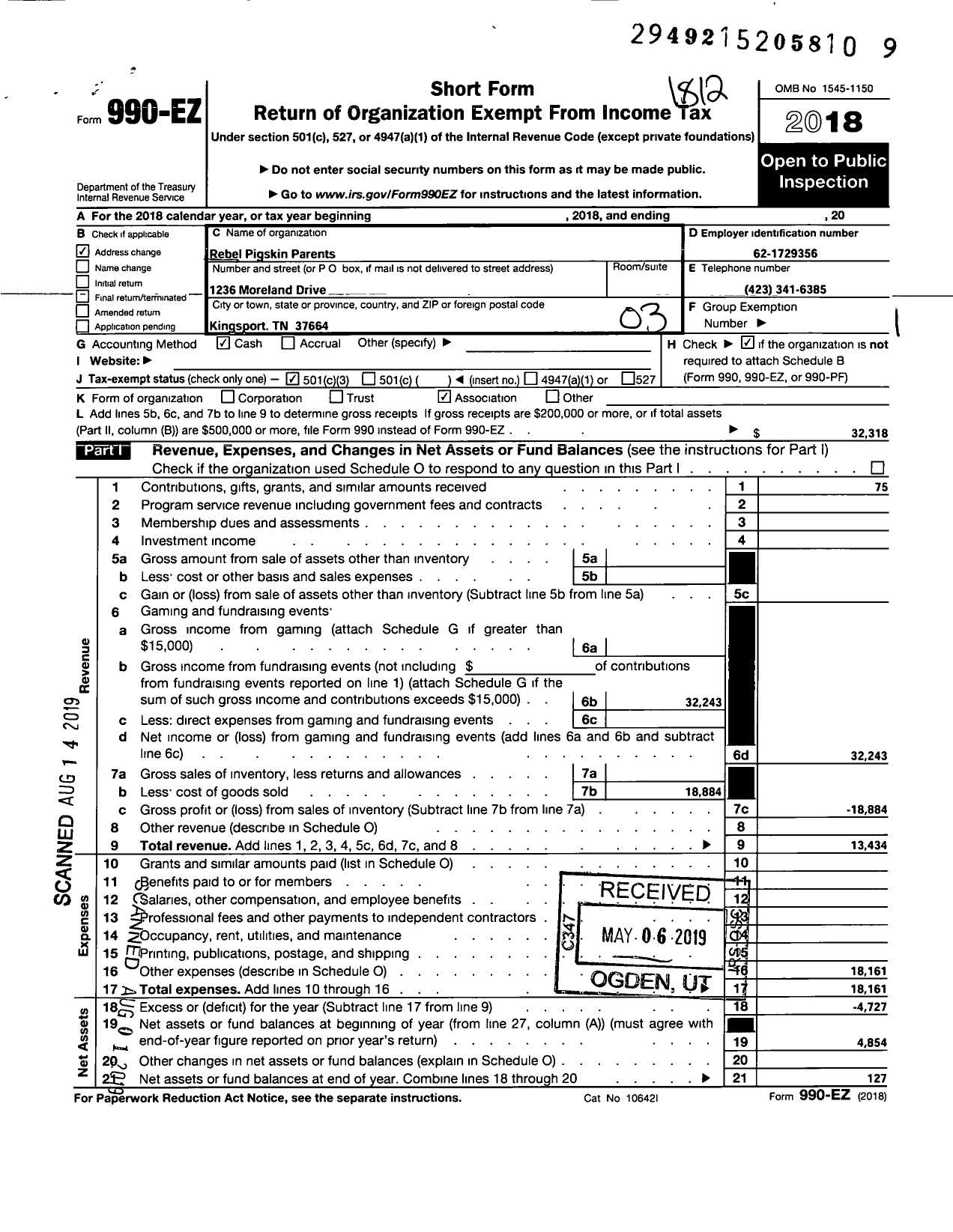 Image of first page of 2018 Form 990EZ for Rebel Pigskin Parents