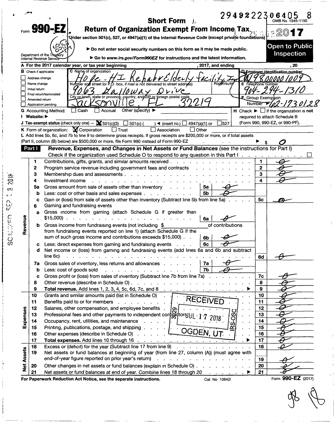 Image of first page of 2017 Form 990EZ for Hope-Hi Rehab and Elderly Facility