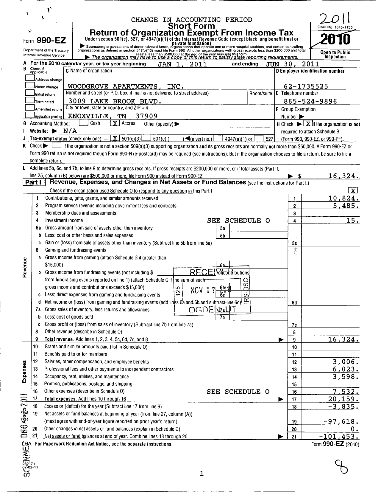 Image of first page of 2010 Form 990EZ for Woodgrove Apartments