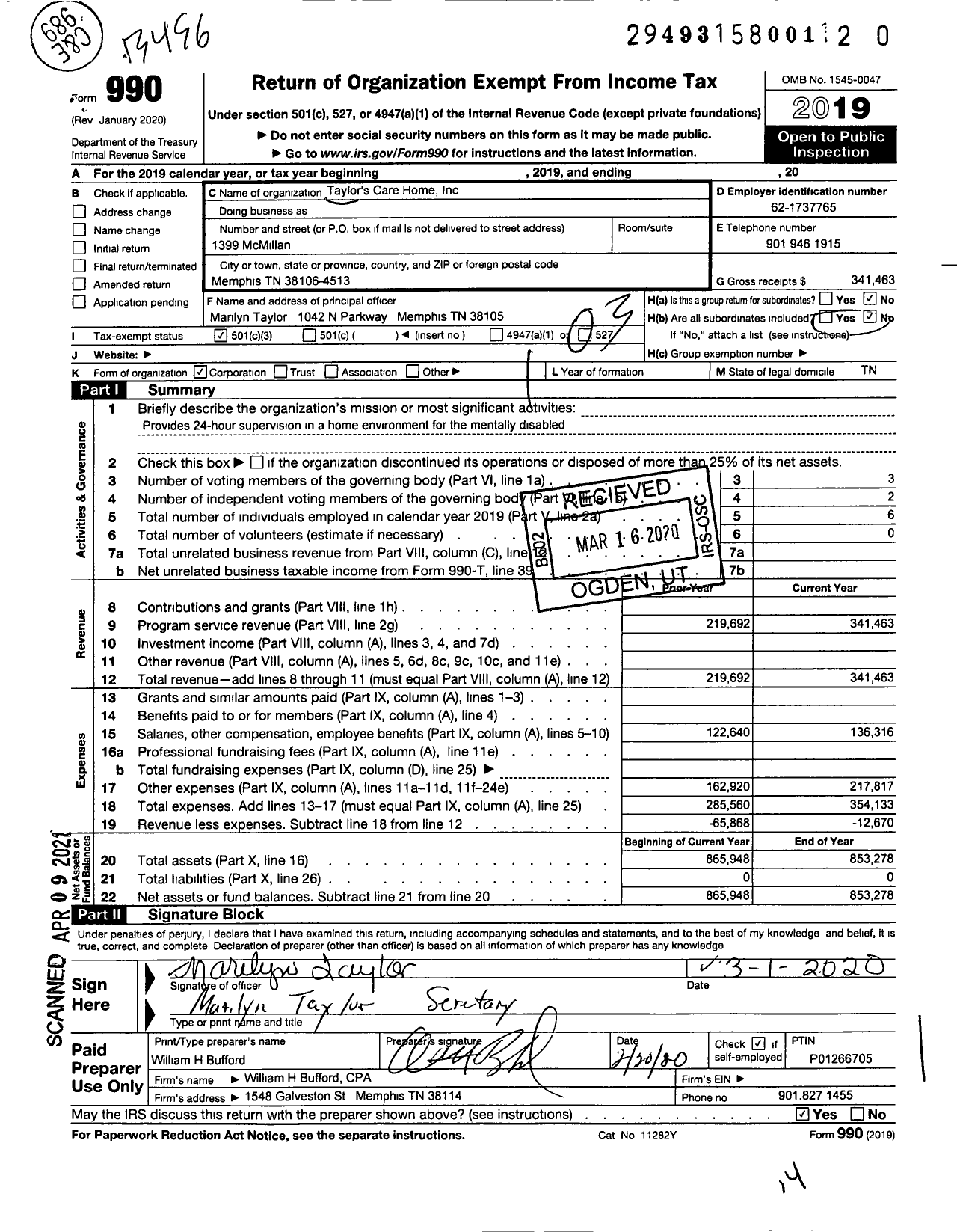 Image of first page of 2019 Form 990 for Taylors Care Home