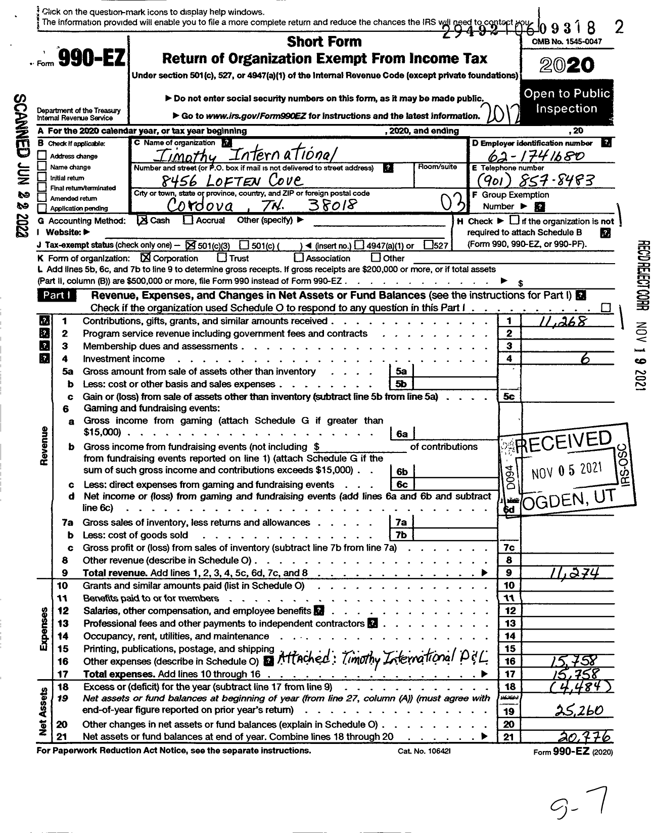 Image of first page of 2020 Form 990EZ for Timothy International