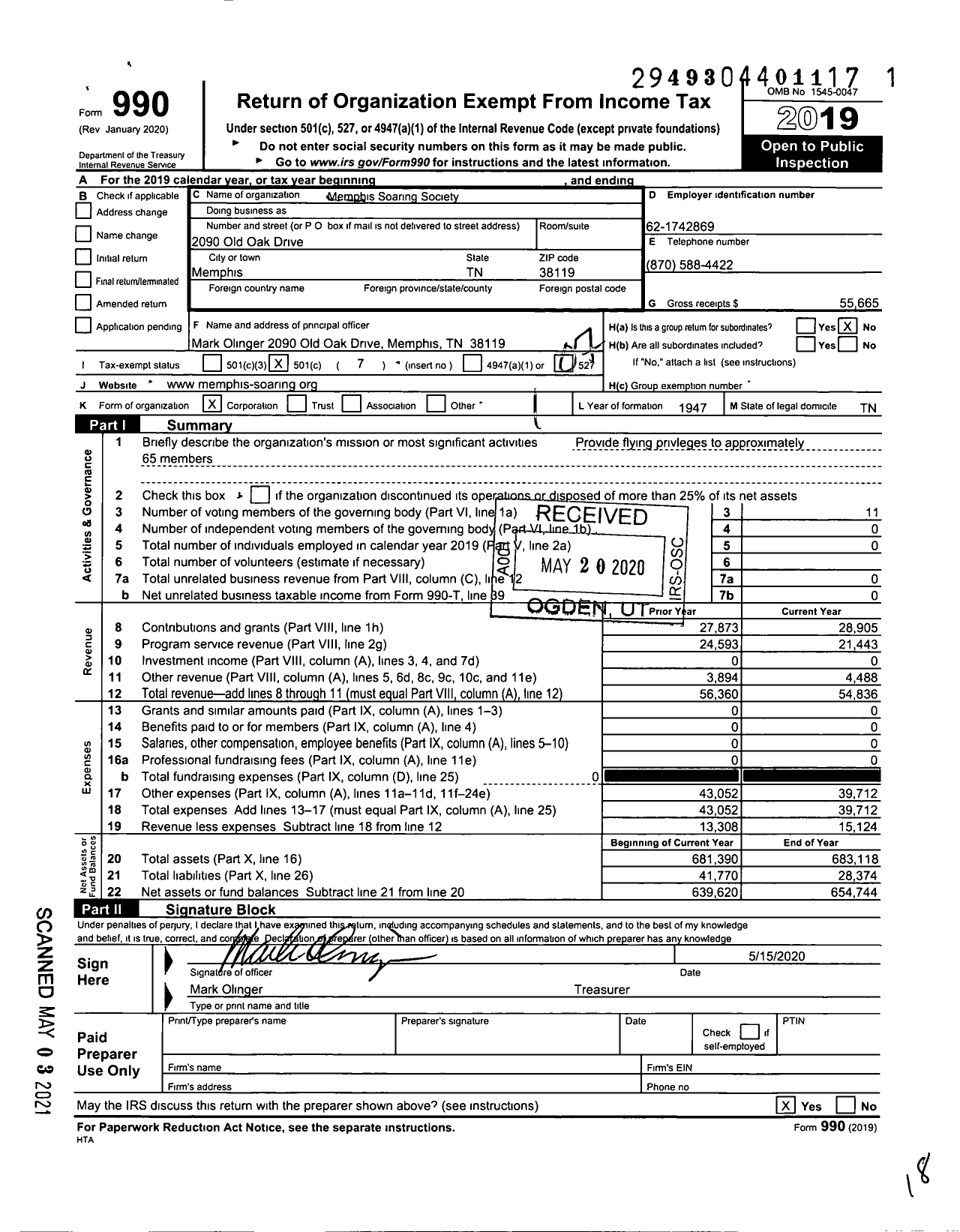 Image of first page of 2019 Form 990O for Memphis Soaring Society