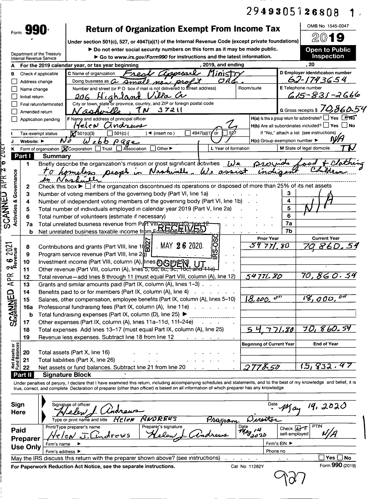 Image of first page of 2019 Form 990 for Fresh Approach Ministry