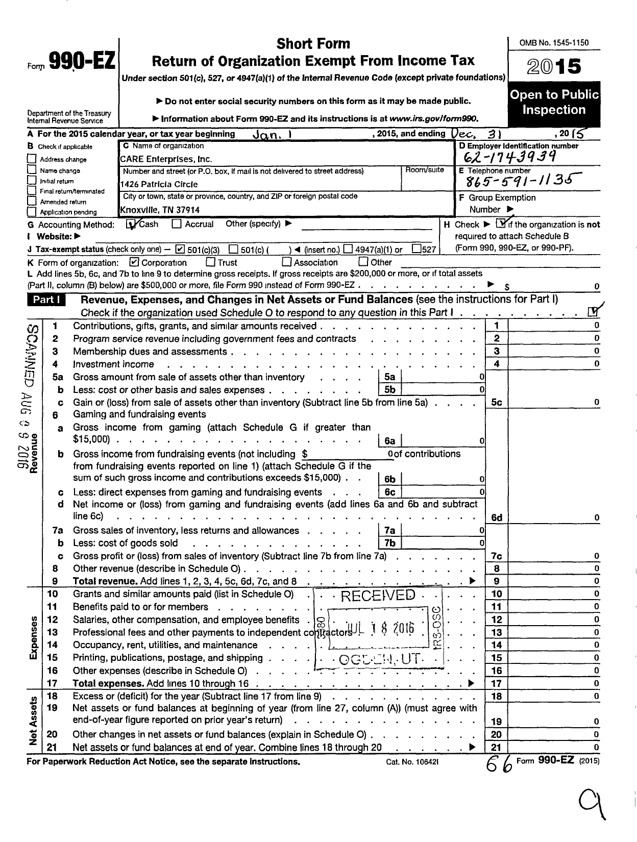 Image of first page of 2015 Form 990EZ for Care Enterprises