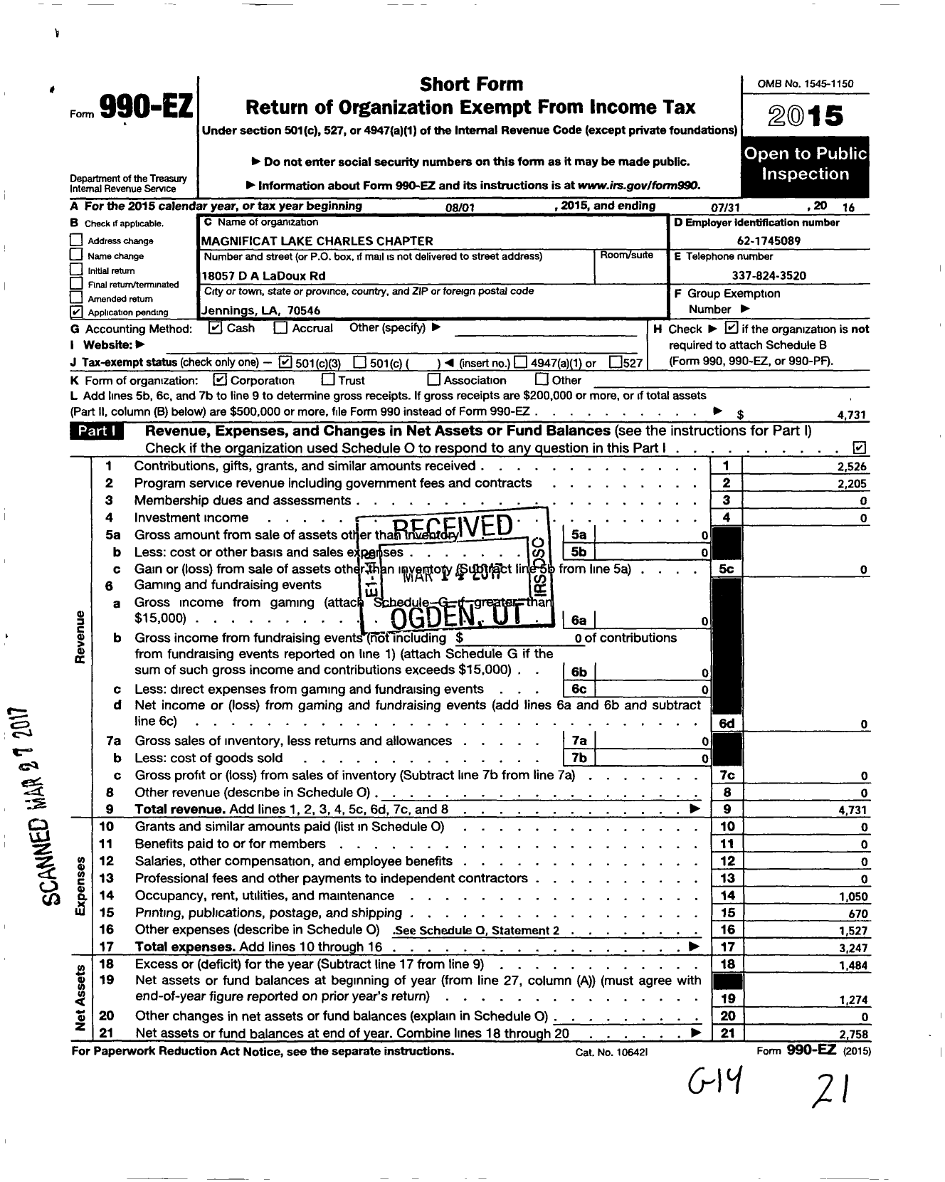 Image of first page of 2015 Form 990EZ for Magnificat Lake Charles Chapter