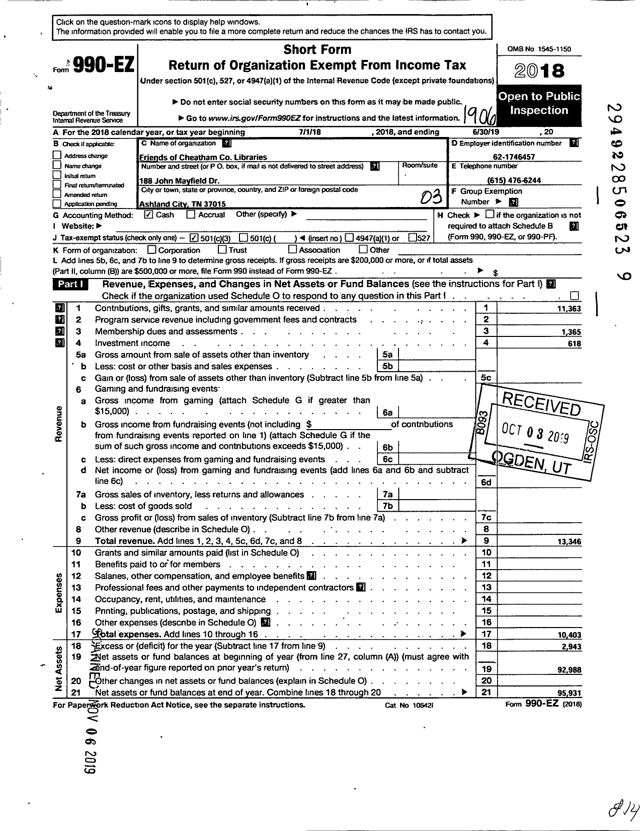 Image of first page of 2018 Form 990EZ for Friends of Cheatham County Public Libraries