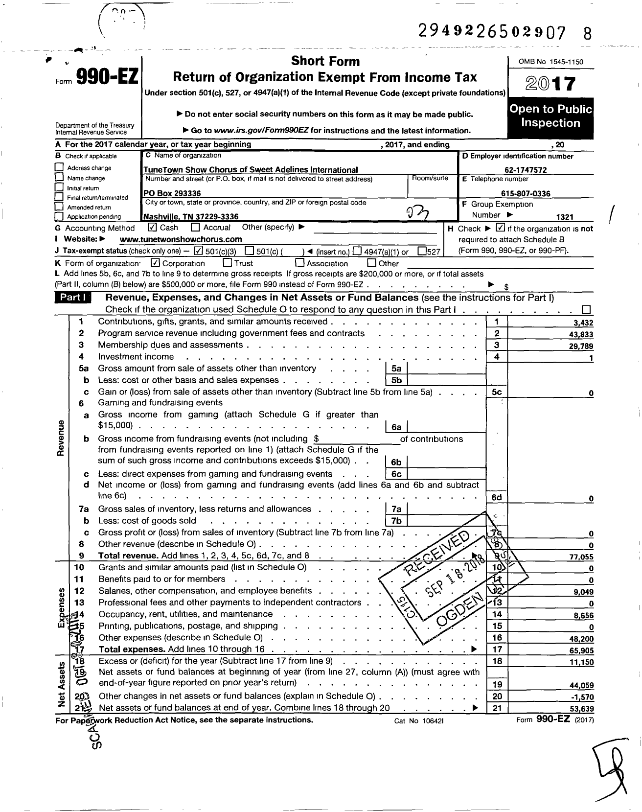 Image of first page of 2017 Form 990EZ for Sweet Adelines International - Tune Town Show