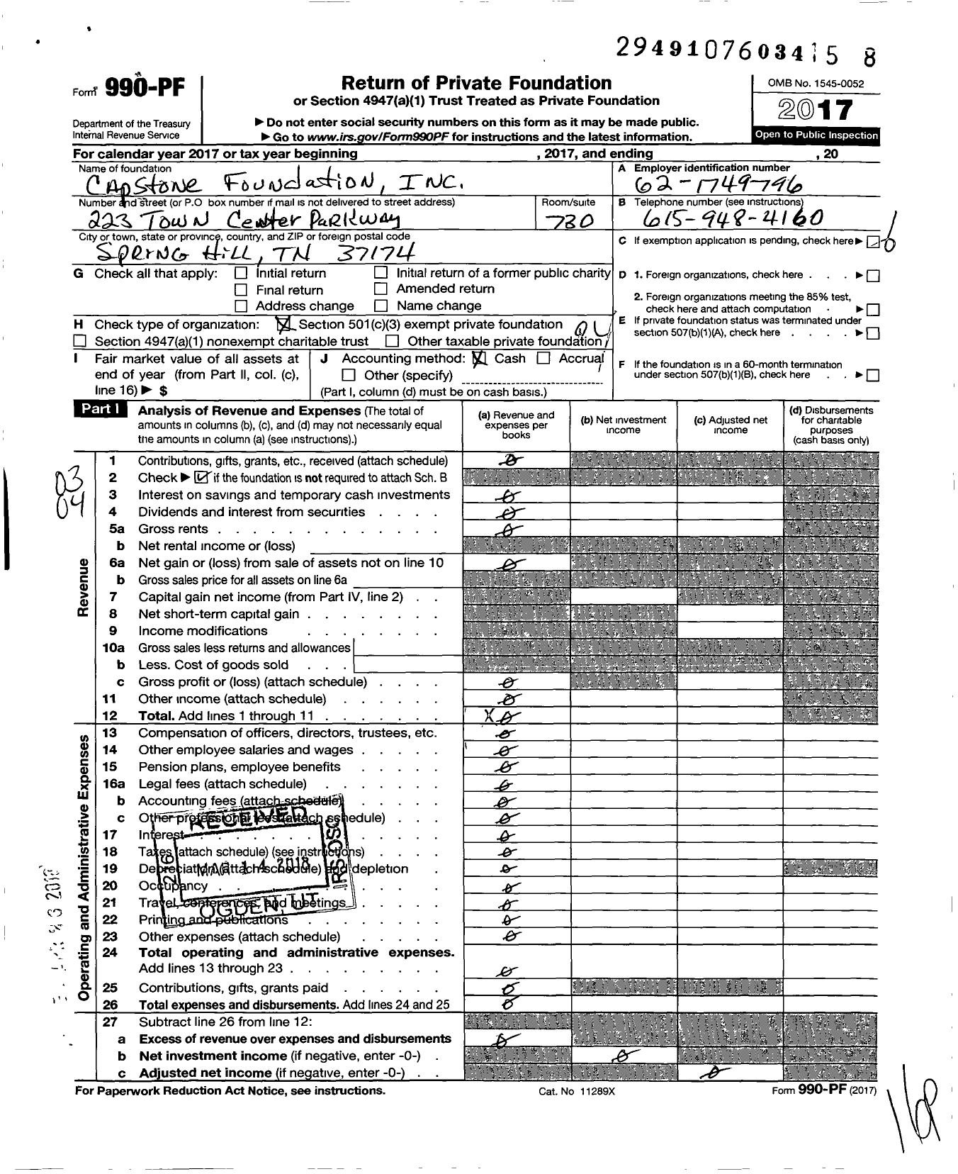 Image of first page of 2017 Form 990PF for Capstone Foundation