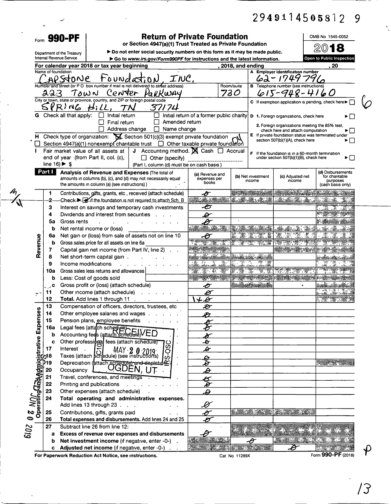 Image of first page of 2018 Form 990PF for Capstone Foundation