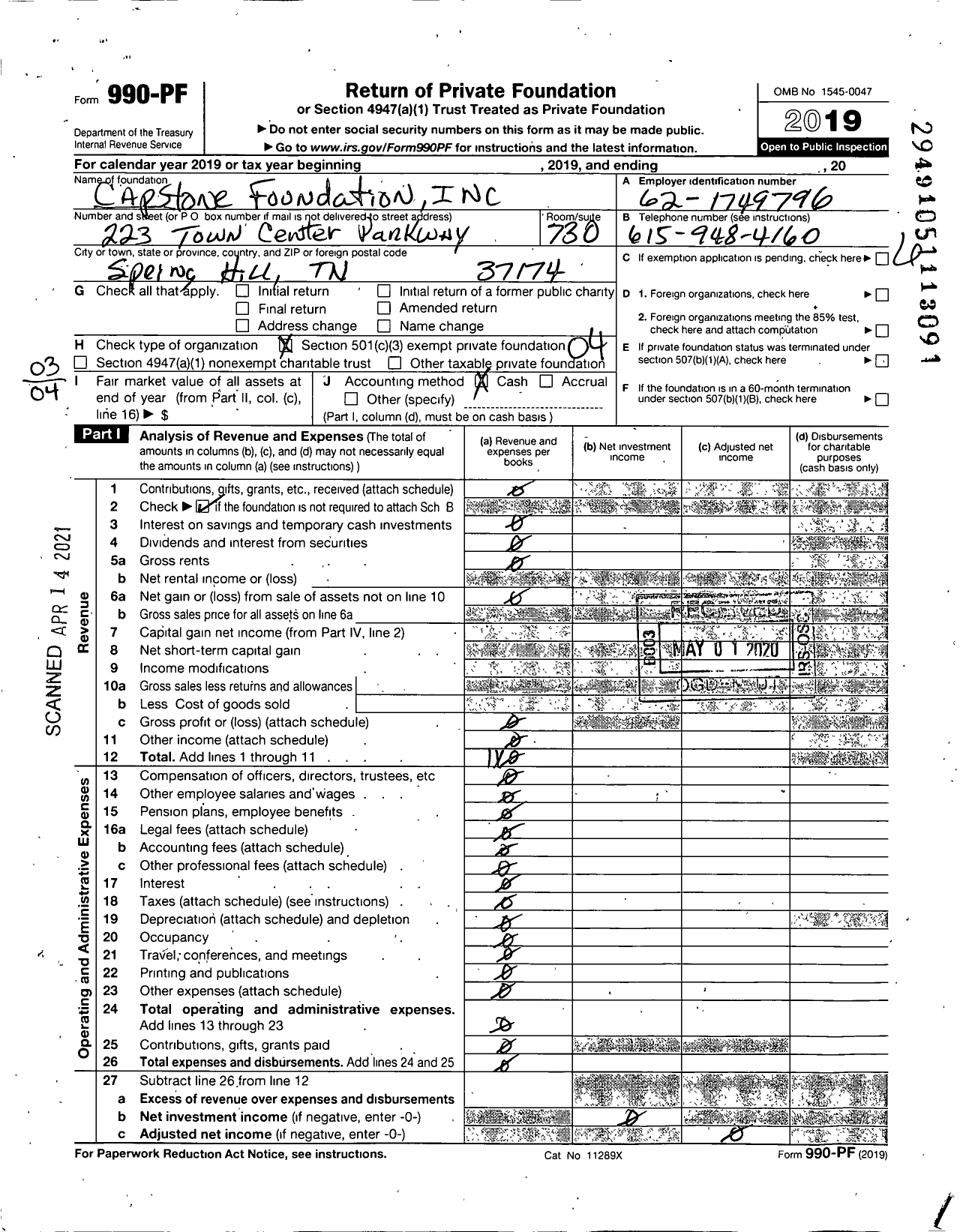 Image of first page of 2019 Form 990PF for Capstone Foundation