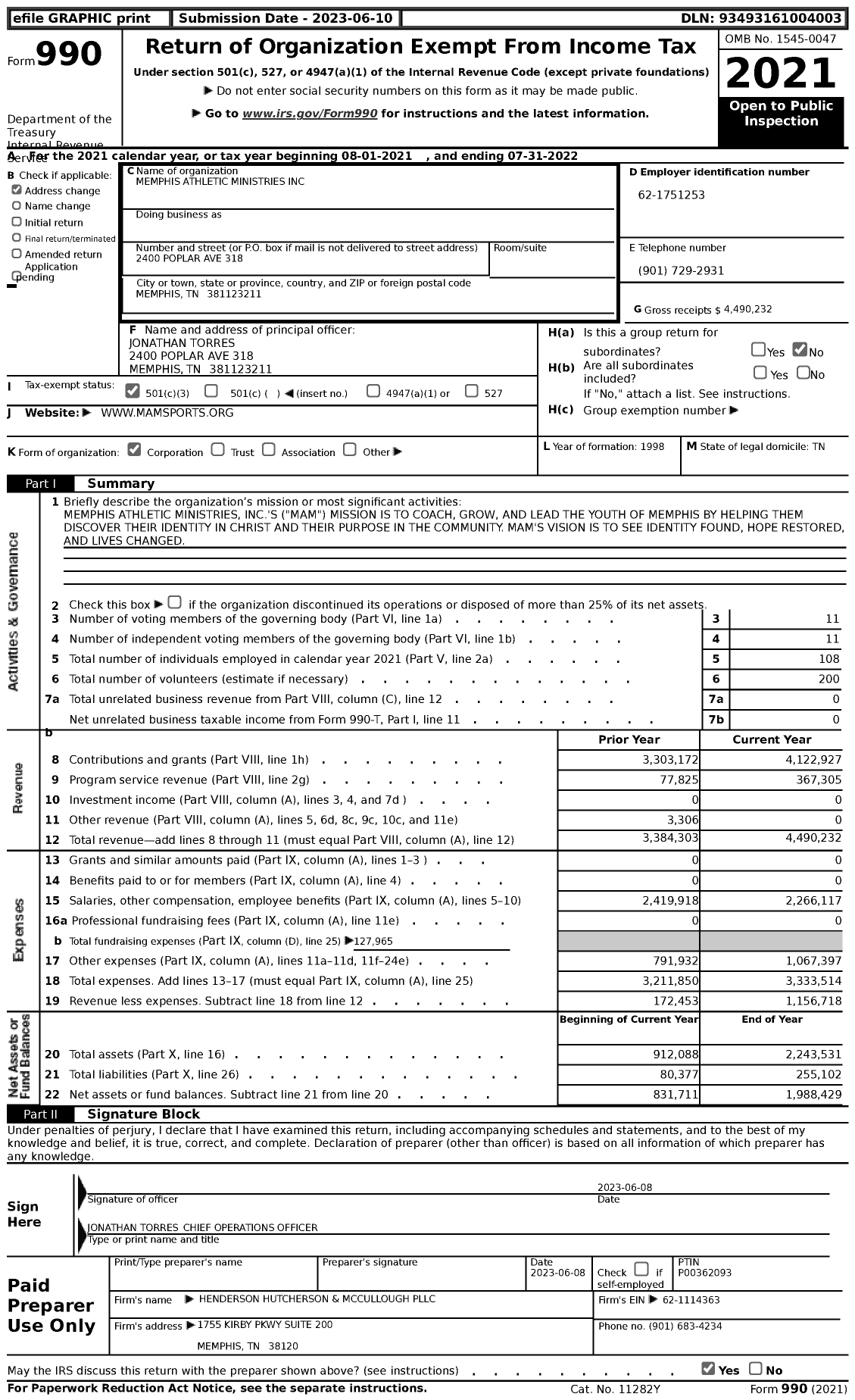 Image of first page of 2021 Form 990 for Memphis Athletic Ministries