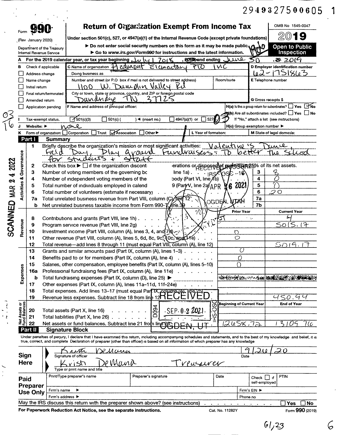 Image of first page of 2018 Form 990 for Piedmont Elementary Pto