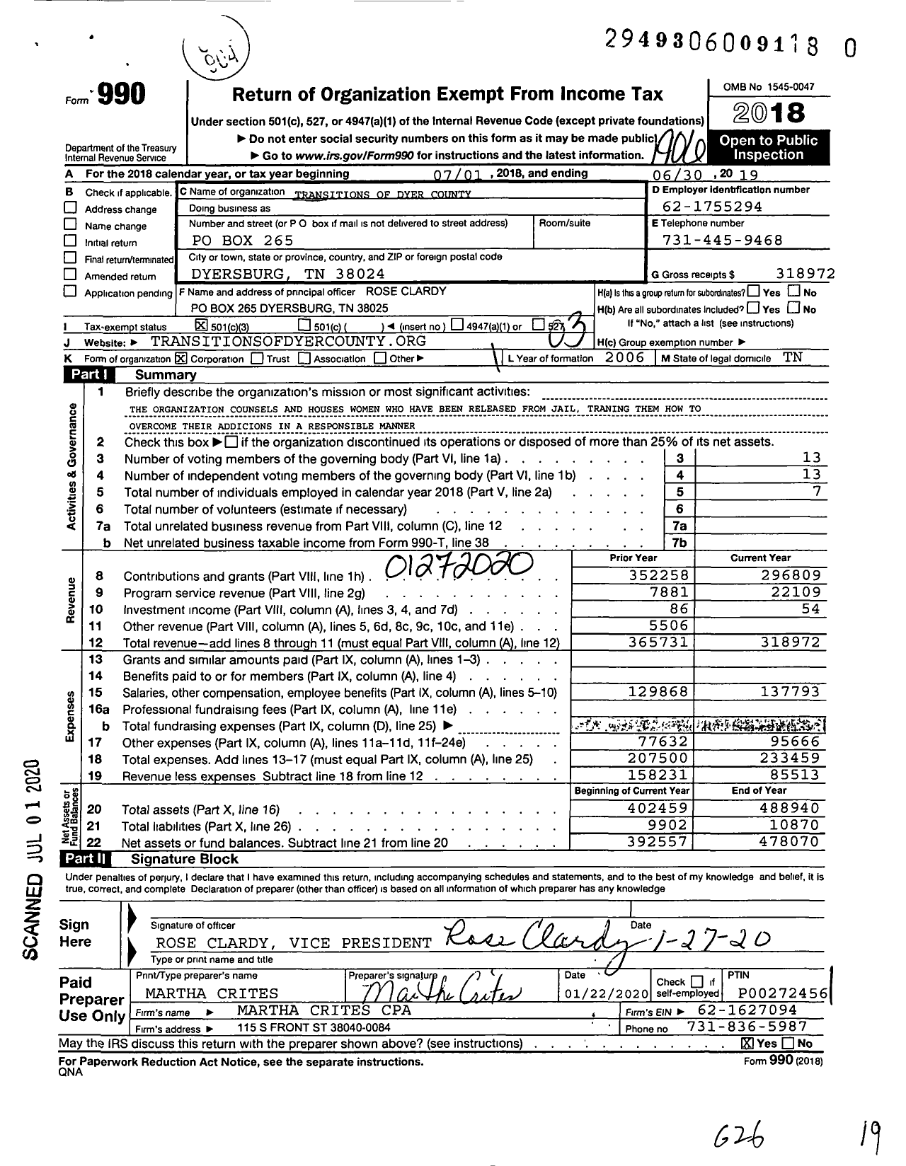 Image of first page of 2018 Form 990 for Transitions of Dyer County