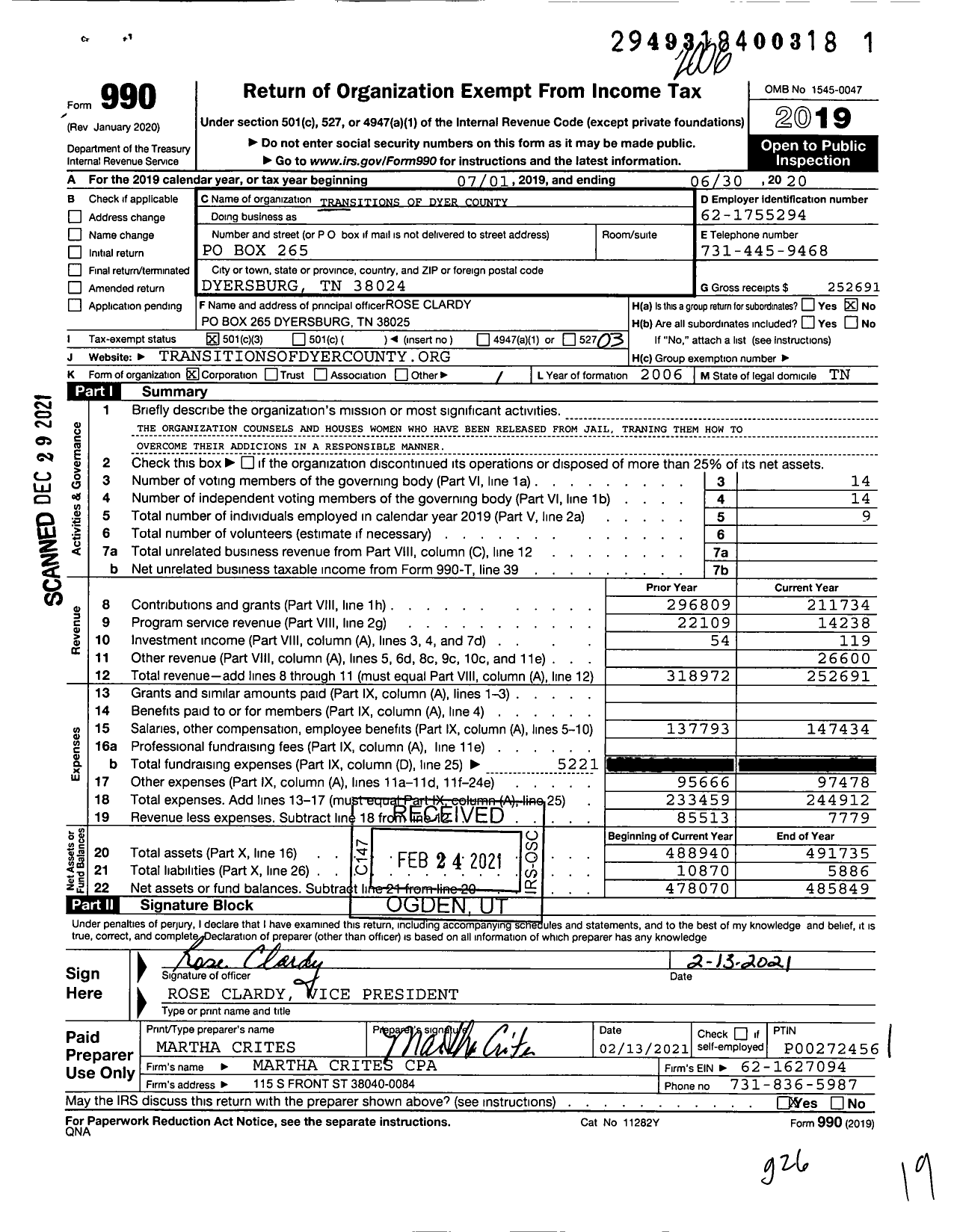 Image of first page of 2019 Form 990 for Transitions of Dyer County