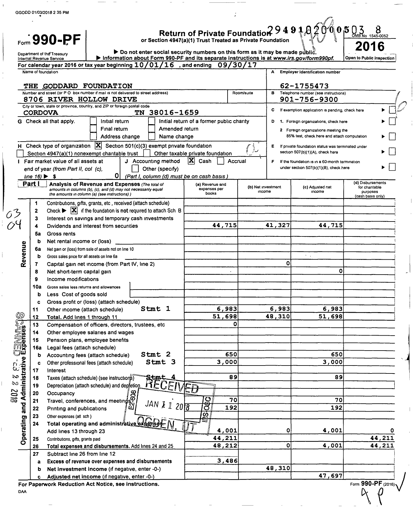 Image of first page of 2016 Form 990PF for The Goddard Foundation