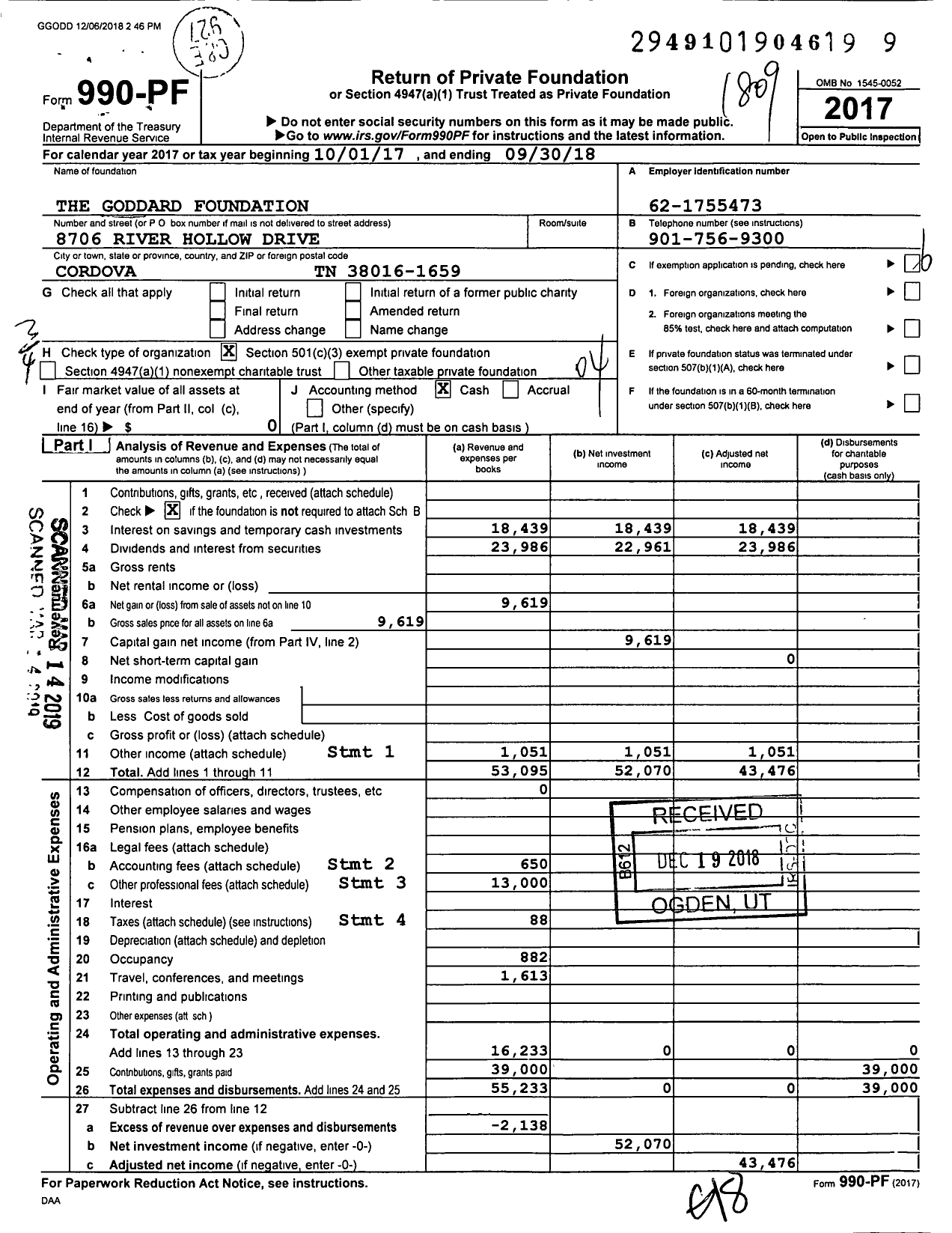 Image of first page of 2017 Form 990PF for The Goddard Foundation