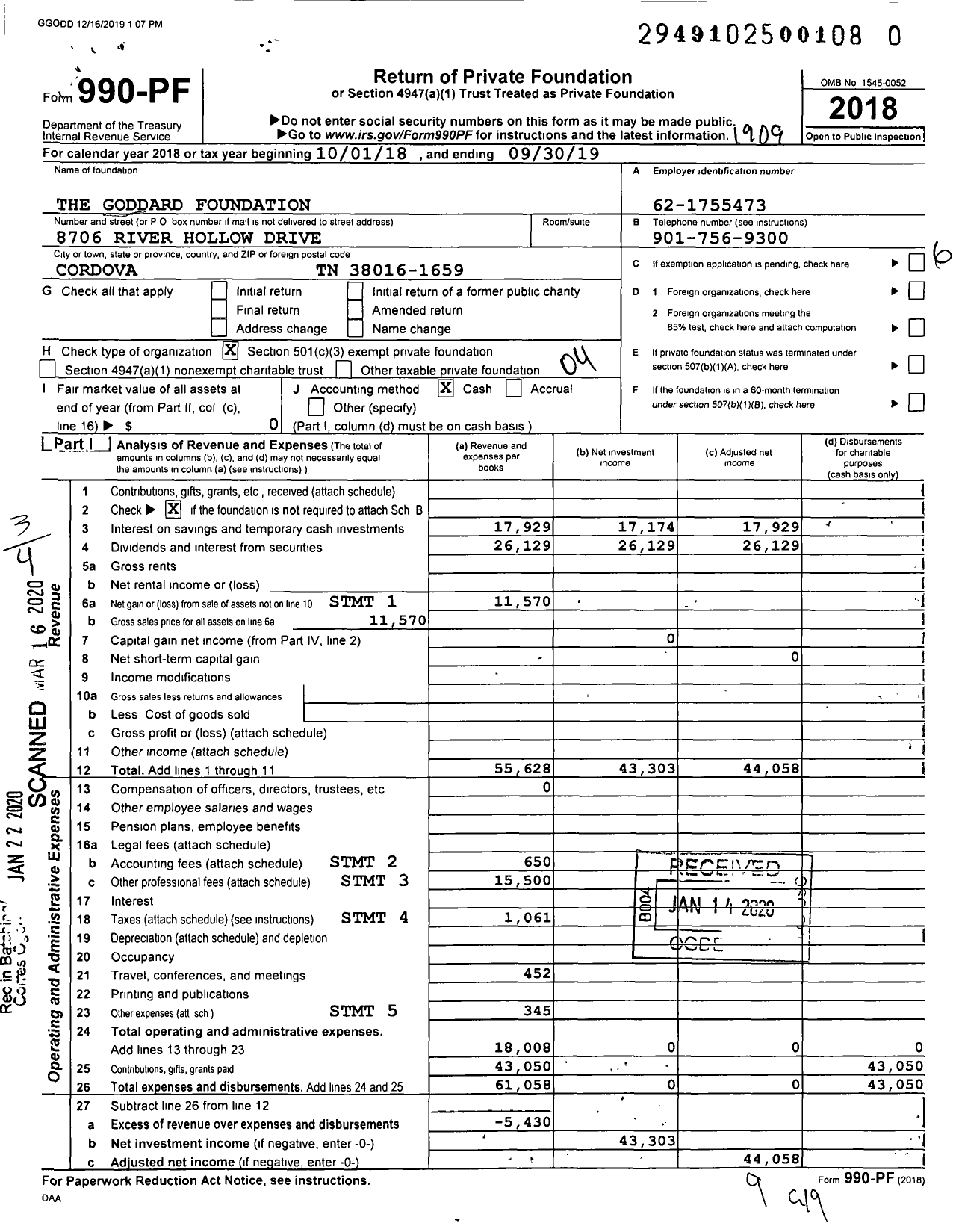 Image of first page of 2018 Form 990PR for The Goddard Foundation