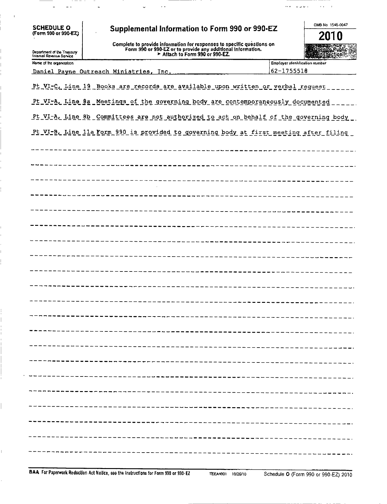 Image of first page of 2010 Form 990R for Daniel Payne Outreach Ministries