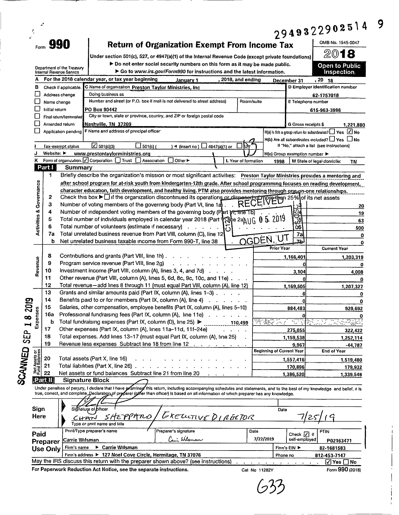 Image of first page of 2018 Form 990 for Preston Taylor Ministries