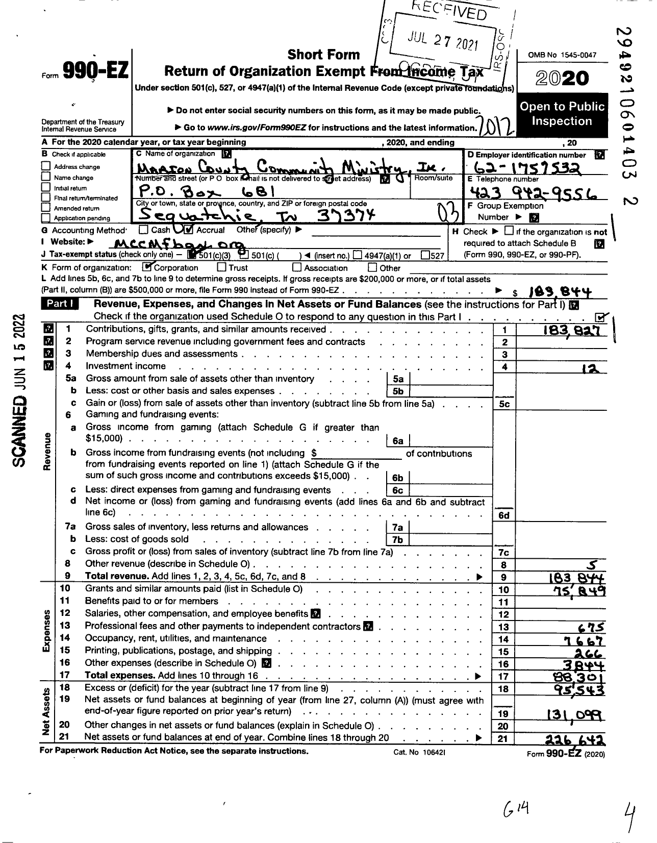 Image of first page of 2020 Form 990EZ for Marion County Community Ministry