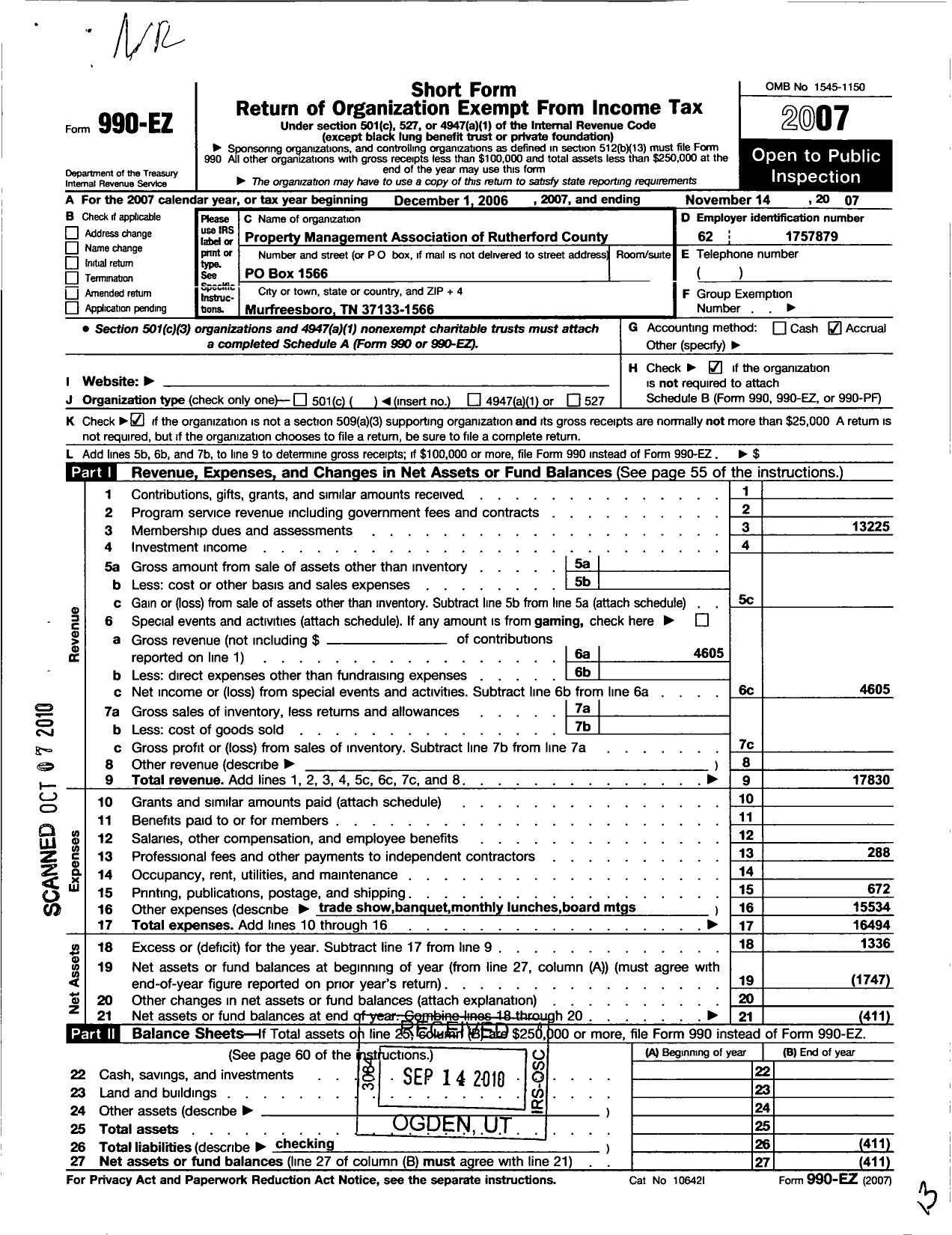 Image of first page of 2006 Form 990EO for Property Mamagement Association of Rutherford County