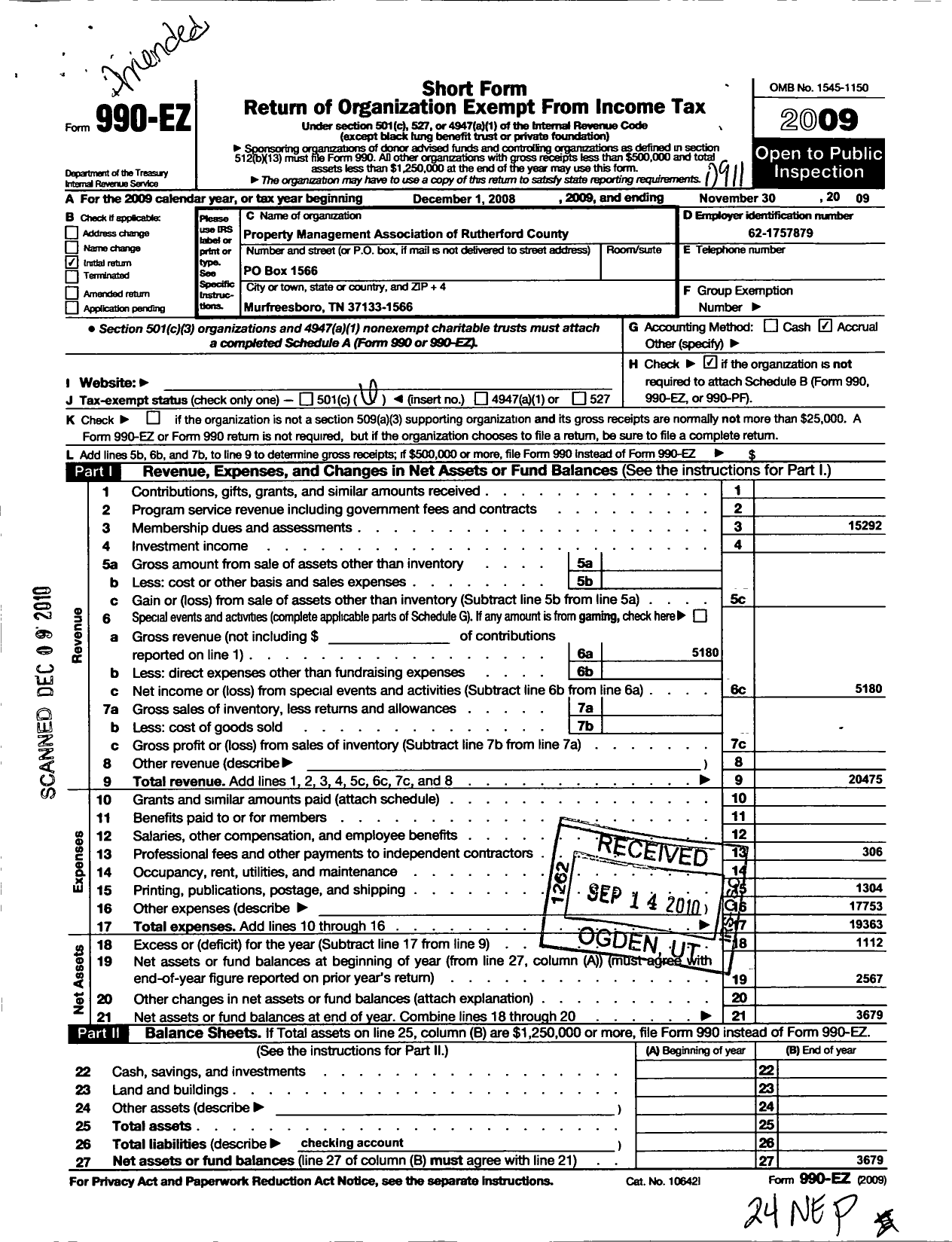 Image of first page of 2008 Form 990EO for Property Mamagement Association of Rutherford County