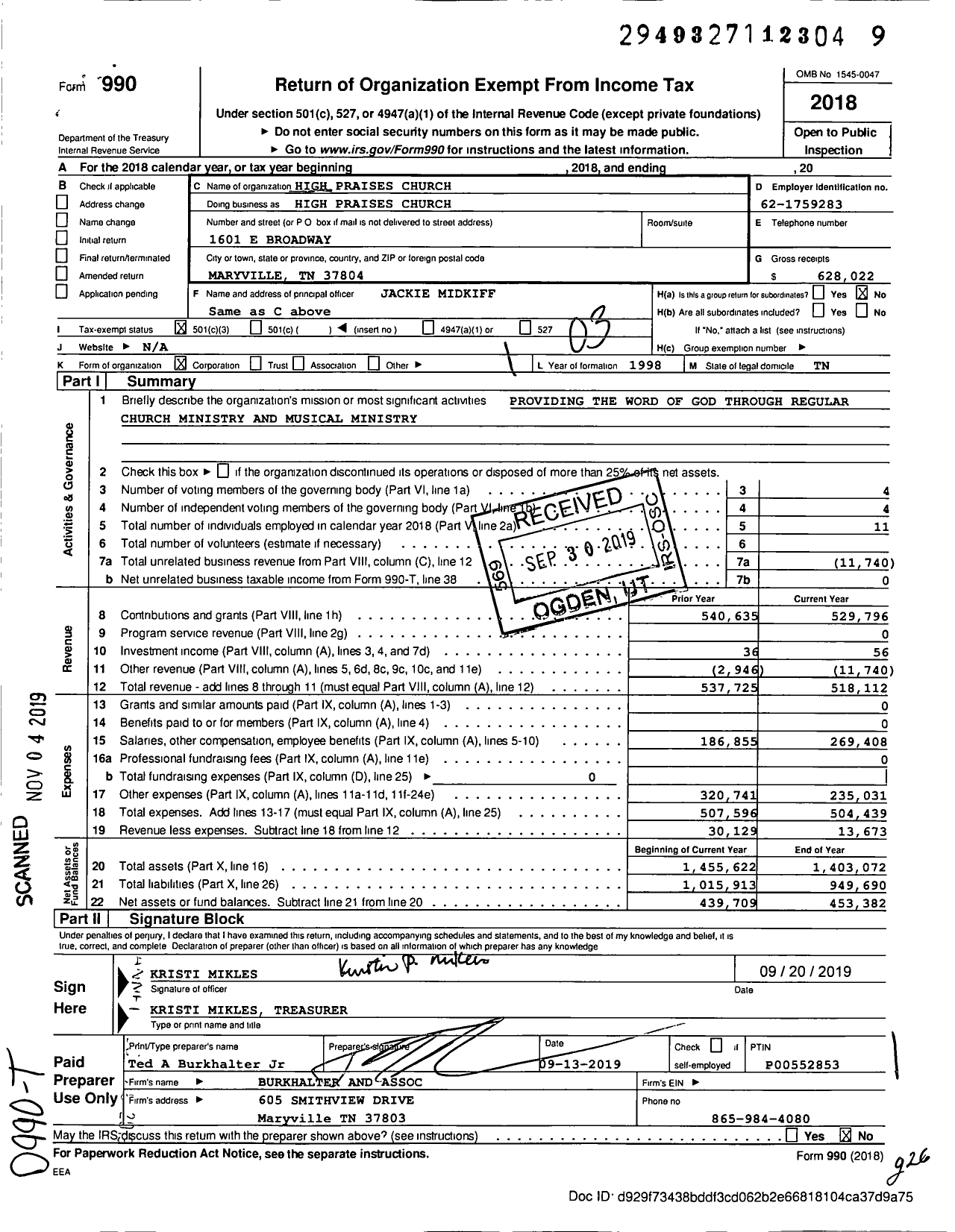 Image of first page of 2018 Form 990 for High Praises Church