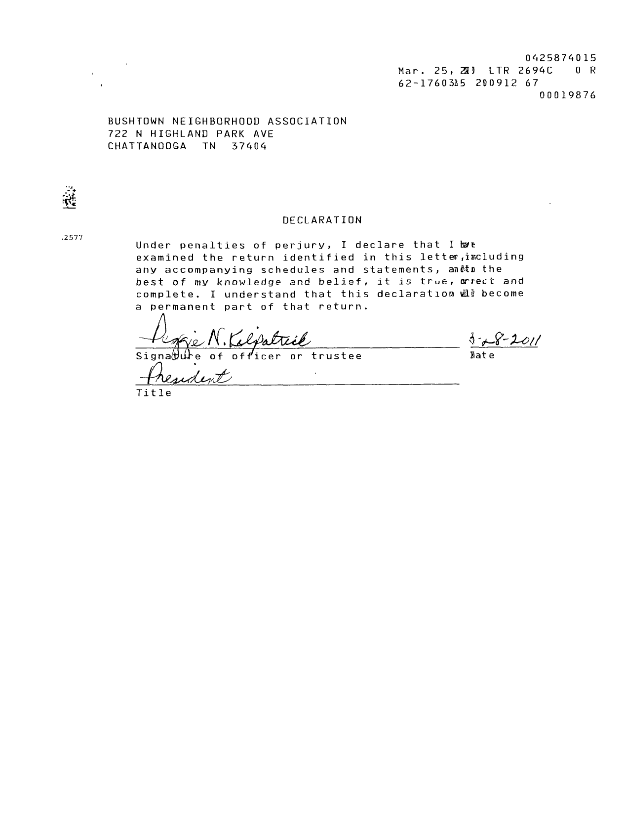 Image of first page of 2009 Form 990R for Bushtown Neighborhood Association