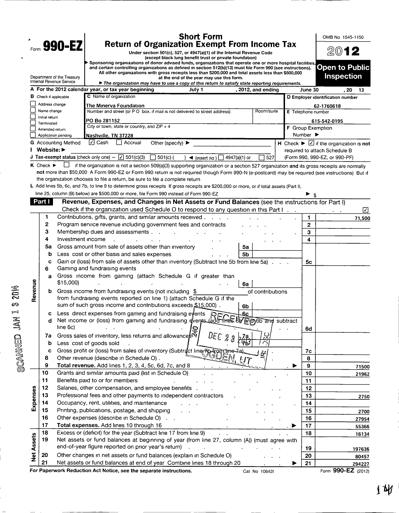 Image of first page of 2012 Form 990EZ for The Minerva Foundation