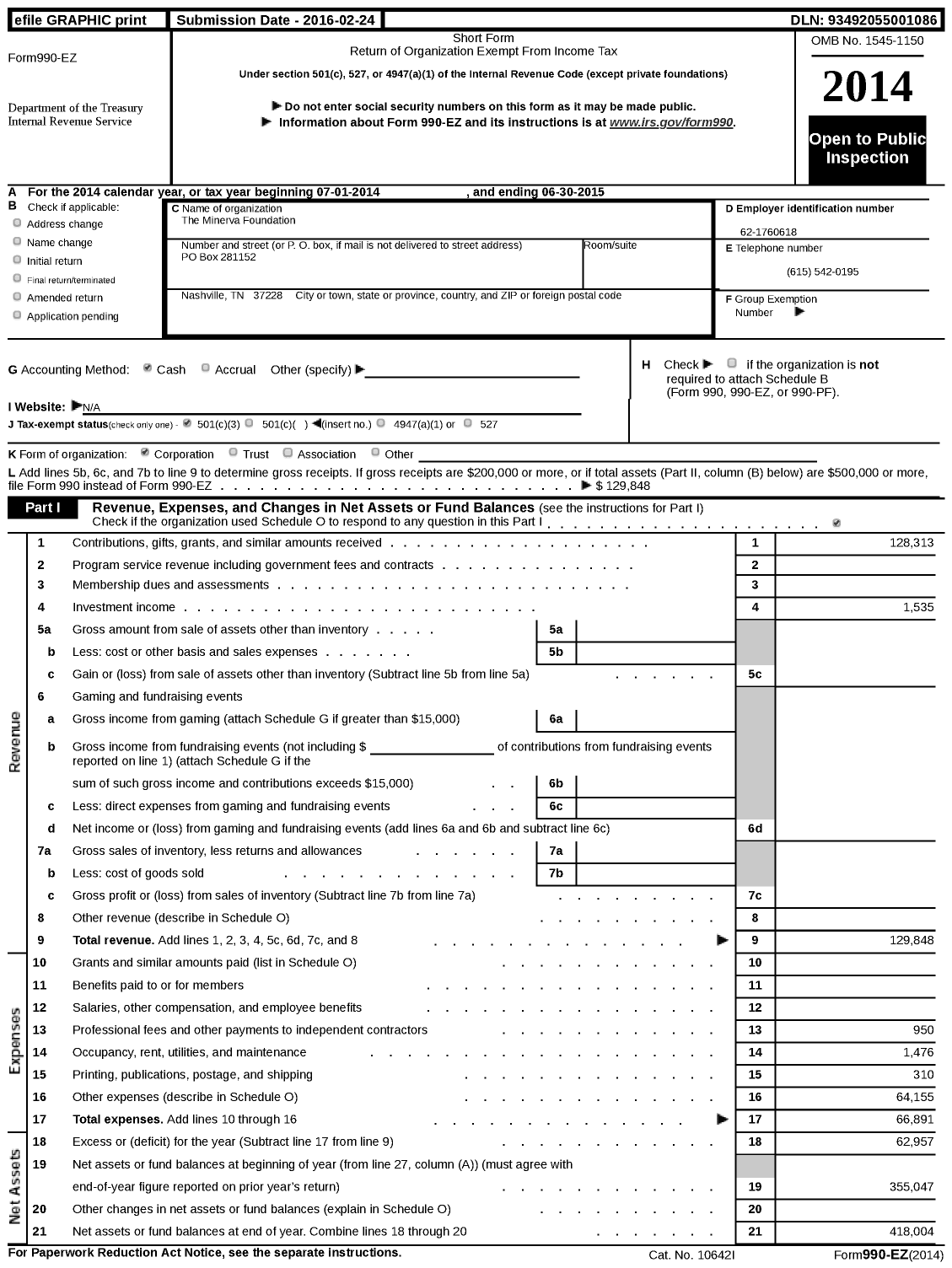 Image of first page of 2014 Form 990EZ for The Minerva Foundation