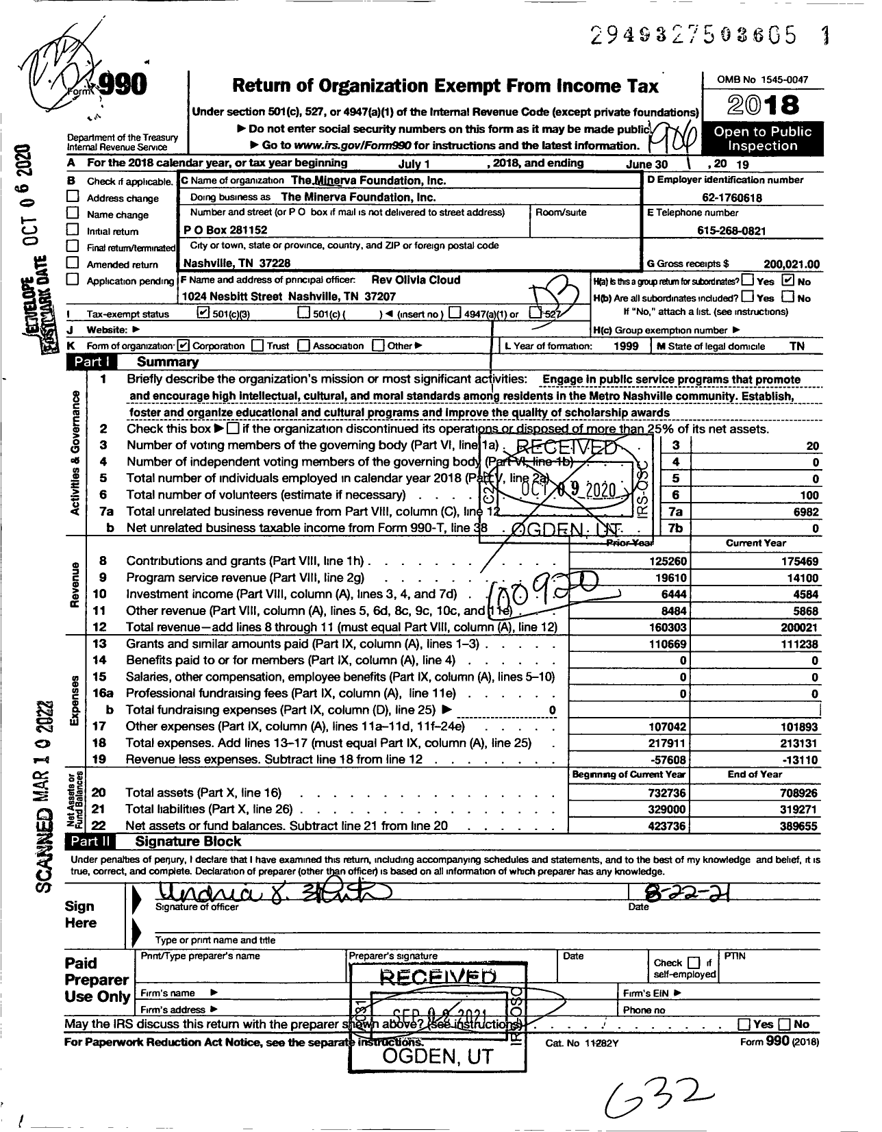 Image of first page of 2018 Form 990 for The Minerva Foundation