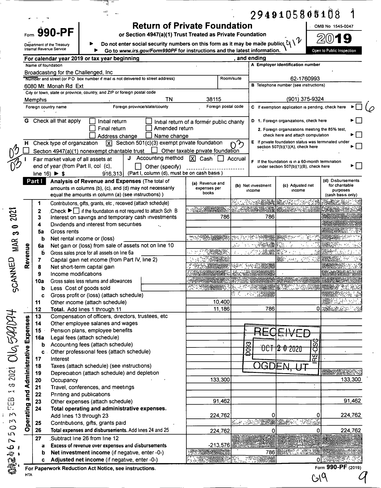 Image of first page of 2019 Form 990PF for Broadcasting for the Challenged