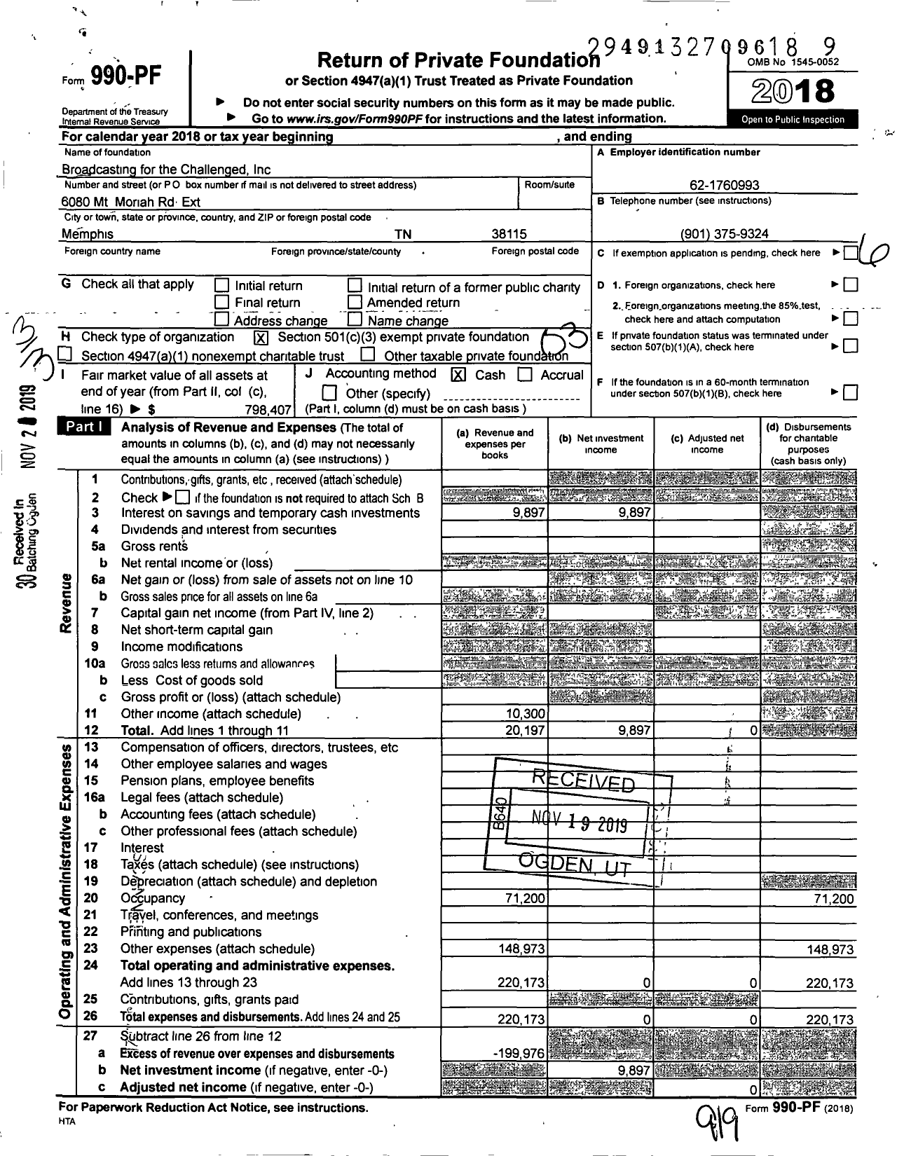 Image of first page of 2018 Form 990PF for Broadcasting for the Challenged