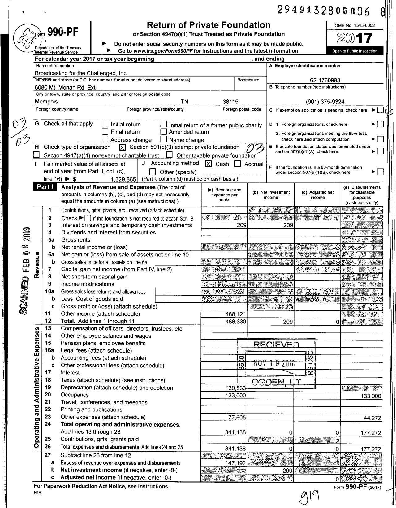 Image of first page of 2017 Form 990PF for Broadcasting for the Challenged