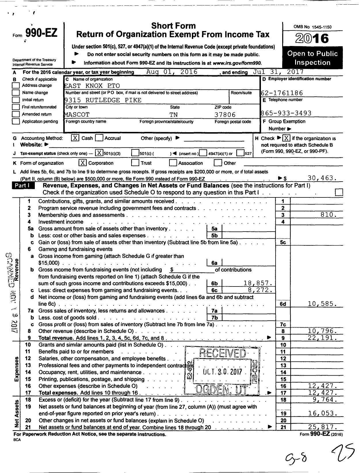 Image of first page of 2016 Form 990EZ for Pto East Knox